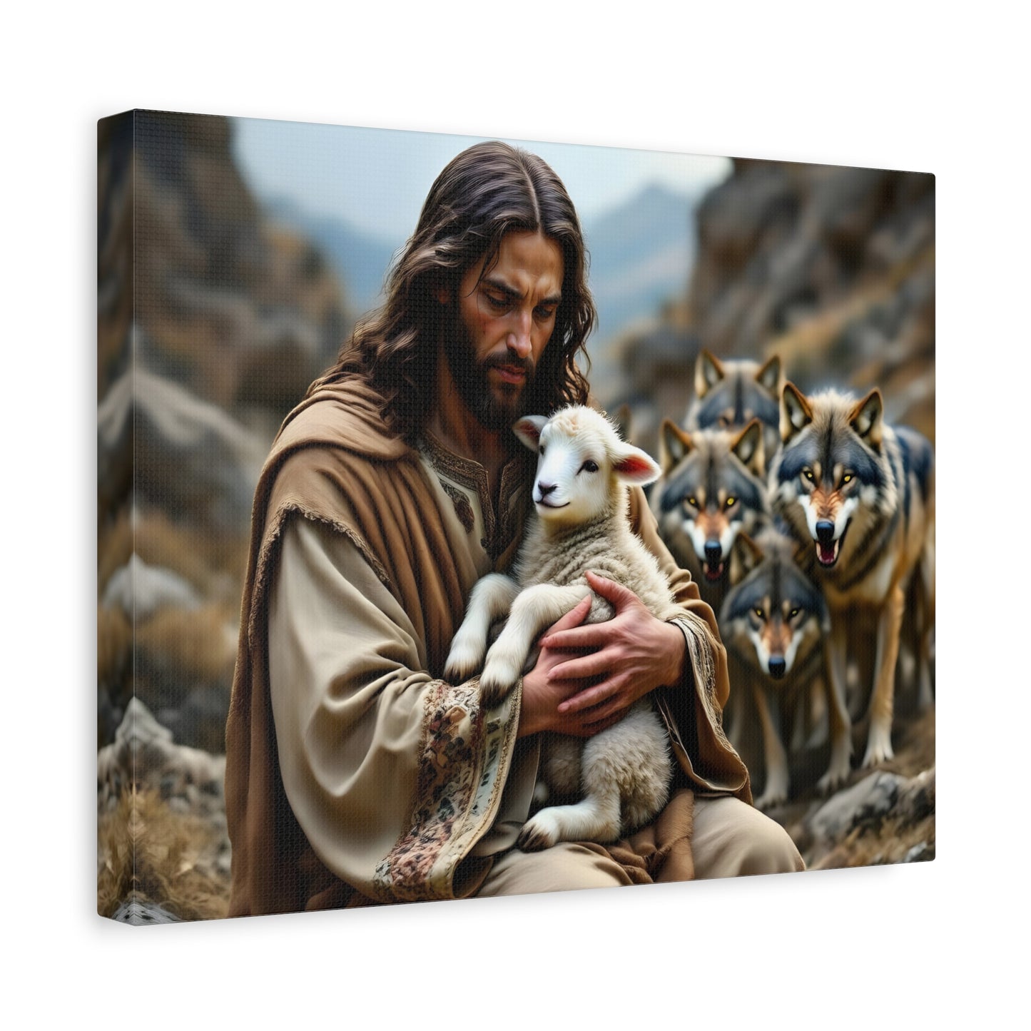 Faith Inspirational Matte Canvas Art - Jesus with Lamb and Wolves - Home Decor for Faith and Spirituality