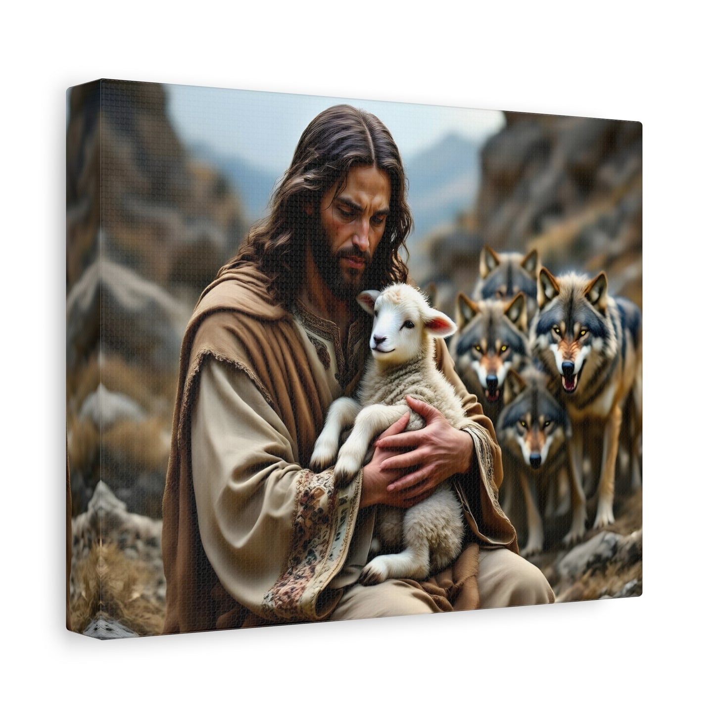 Faith Inspirational Matte Canvas Art - Jesus with Lamb and Wolves - Home Decor for Faith and Spirituality