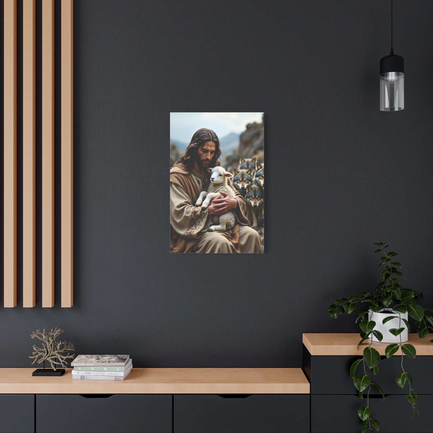 Faith Inspirational Matte Canvas Art - Jesus with Lamb and Wolves - Home Decor for Faith and Spirituality