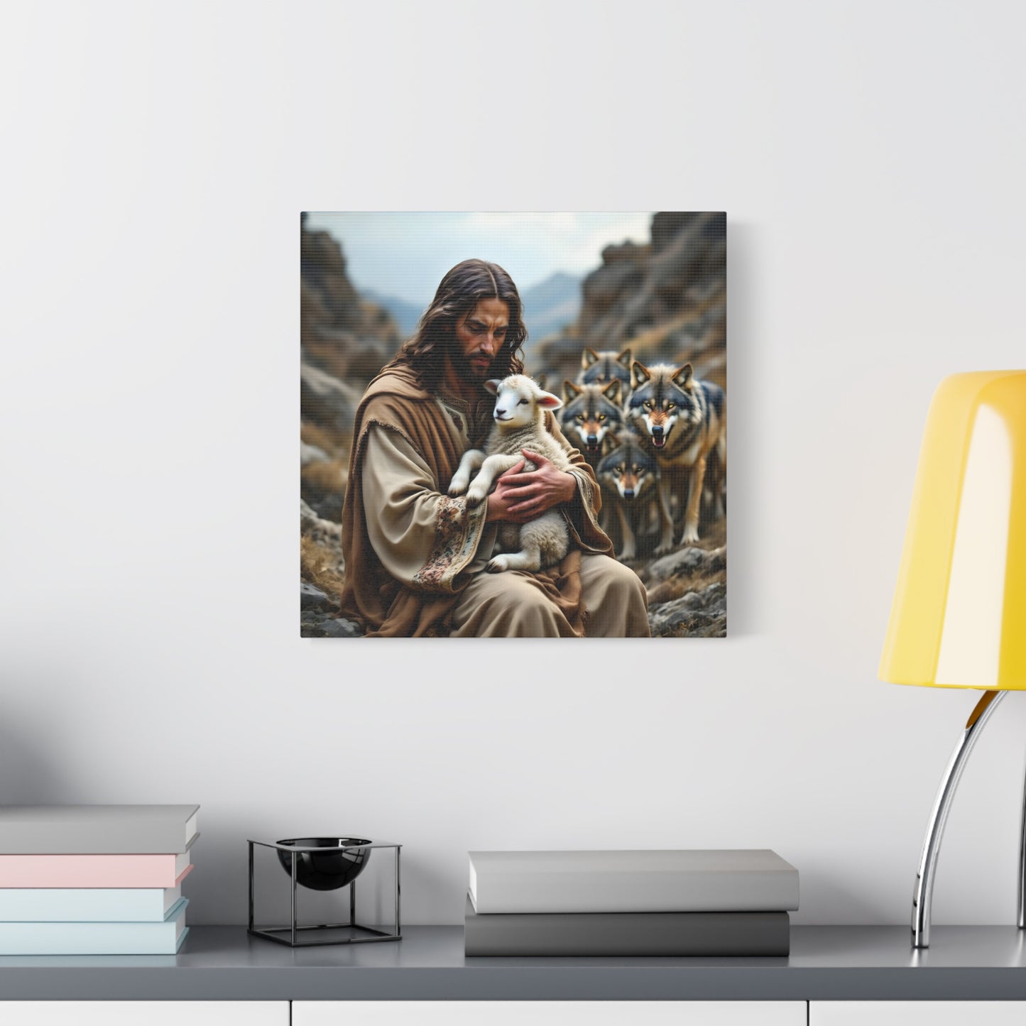 Faith Inspirational Matte Canvas Art - Jesus with Lamb and Wolves - Home Decor for Faith and Spirituality