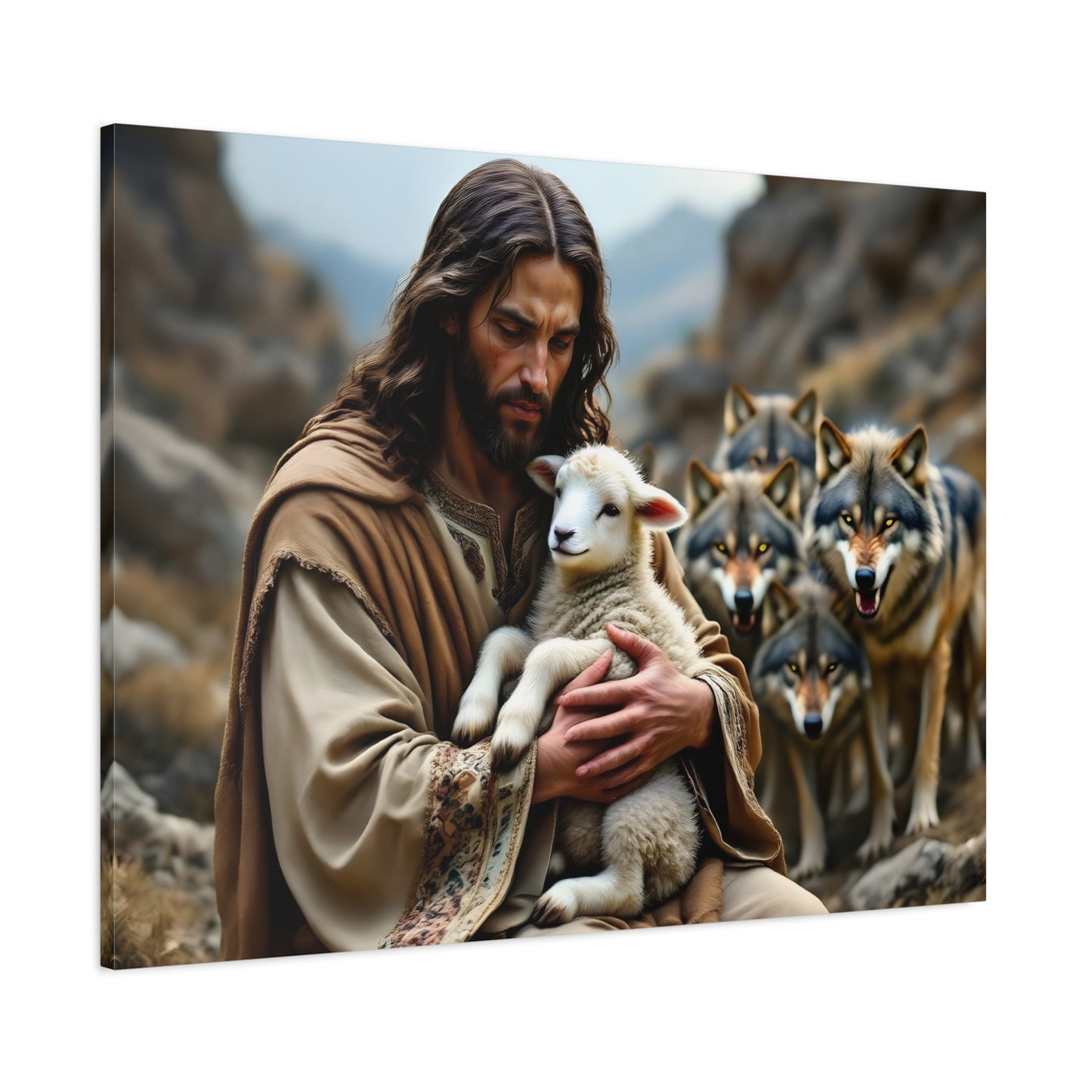 Faith Inspirational Matte Canvas Art - Jesus with Lamb and Wolves - Home Decor for Faith and Spirituality