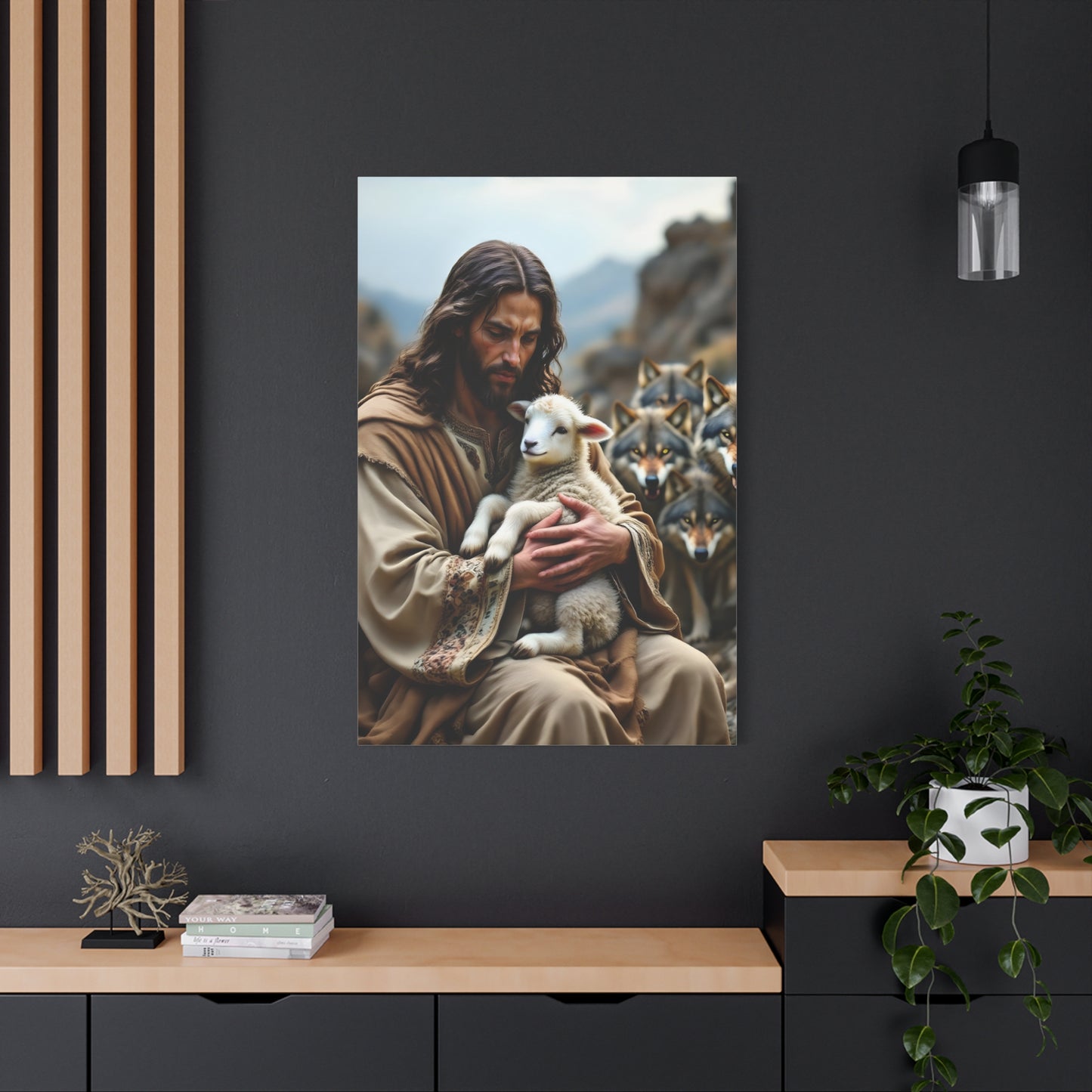 Faith Inspirational Matte Canvas Art - Jesus with Lamb and Wolves - Home Decor for Faith and Spirituality