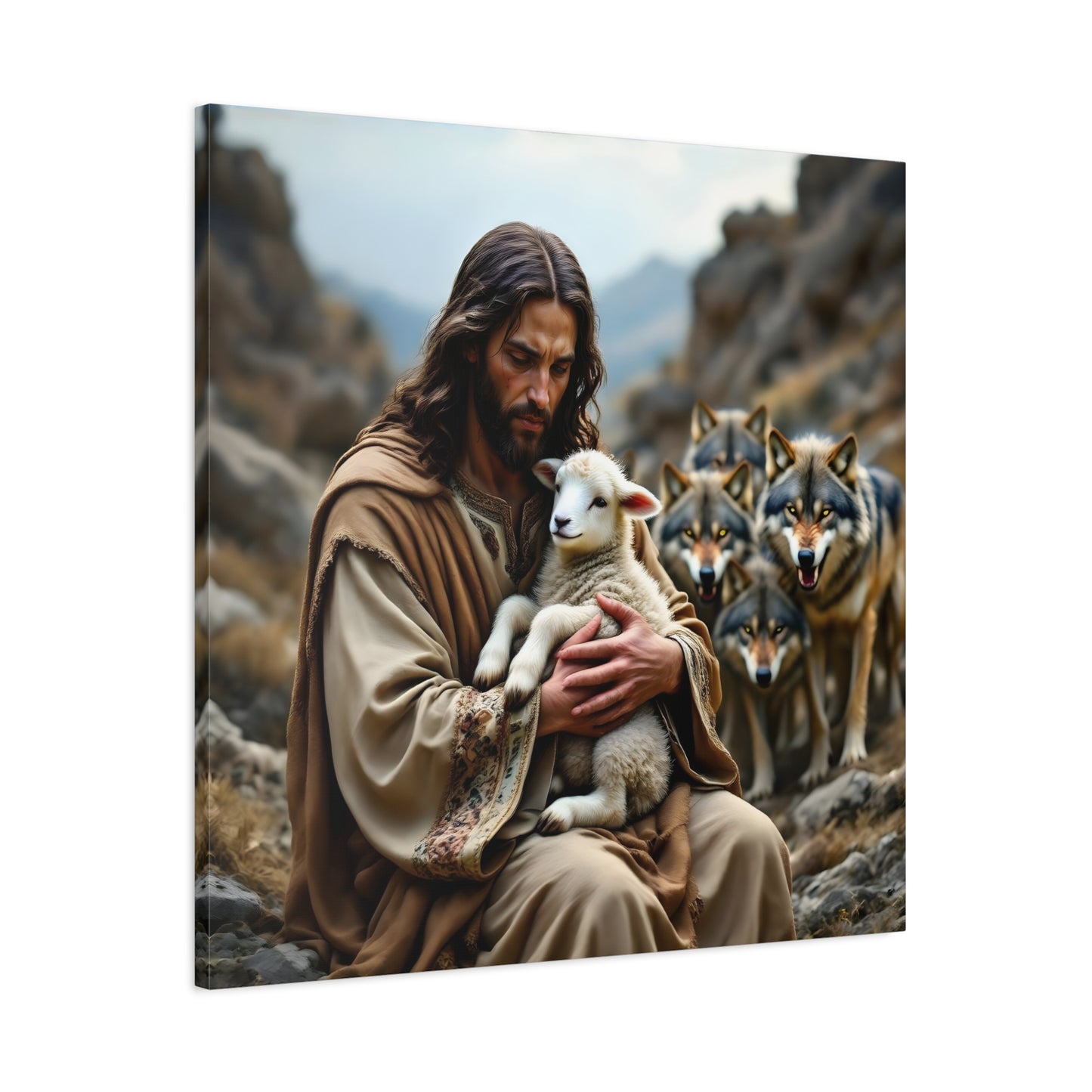 Faith Inspirational Matte Canvas Art - Jesus with Lamb and Wolves - Home Decor for Faith and Spirituality