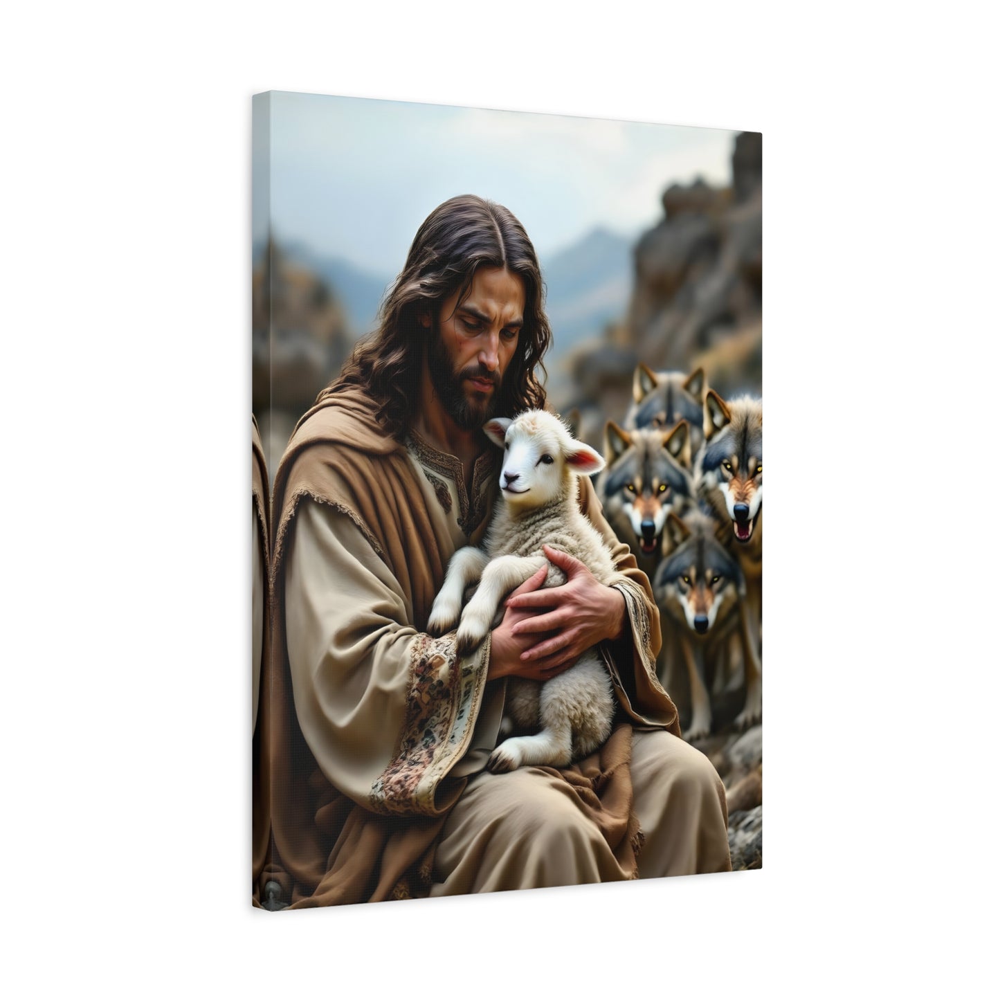 Faith Inspirational Matte Canvas Art - Jesus with Lamb and Wolves - Home Decor for Faith and Spirituality