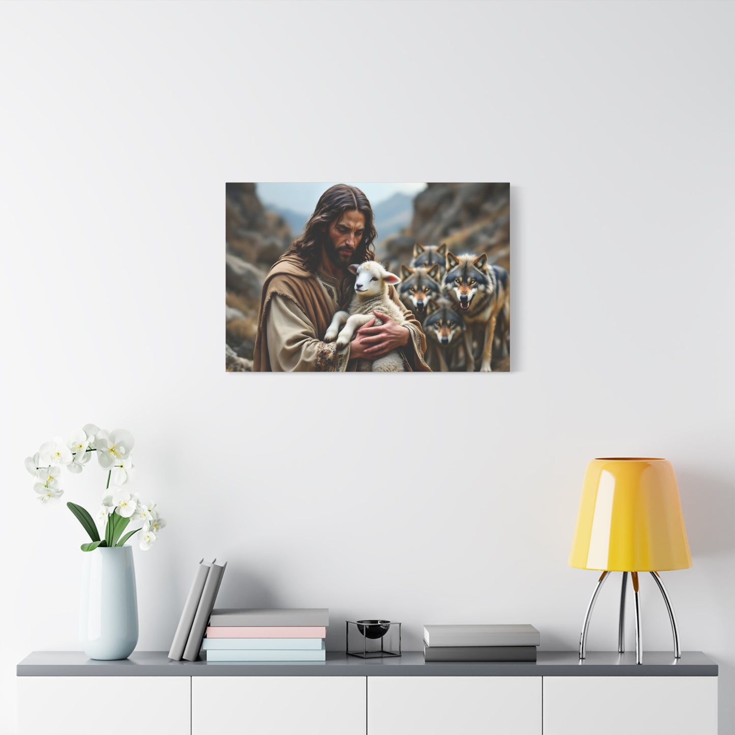 Faith Inspirational Matte Canvas Art - Jesus with Lamb and Wolves - Home Decor for Faith and Spirituality