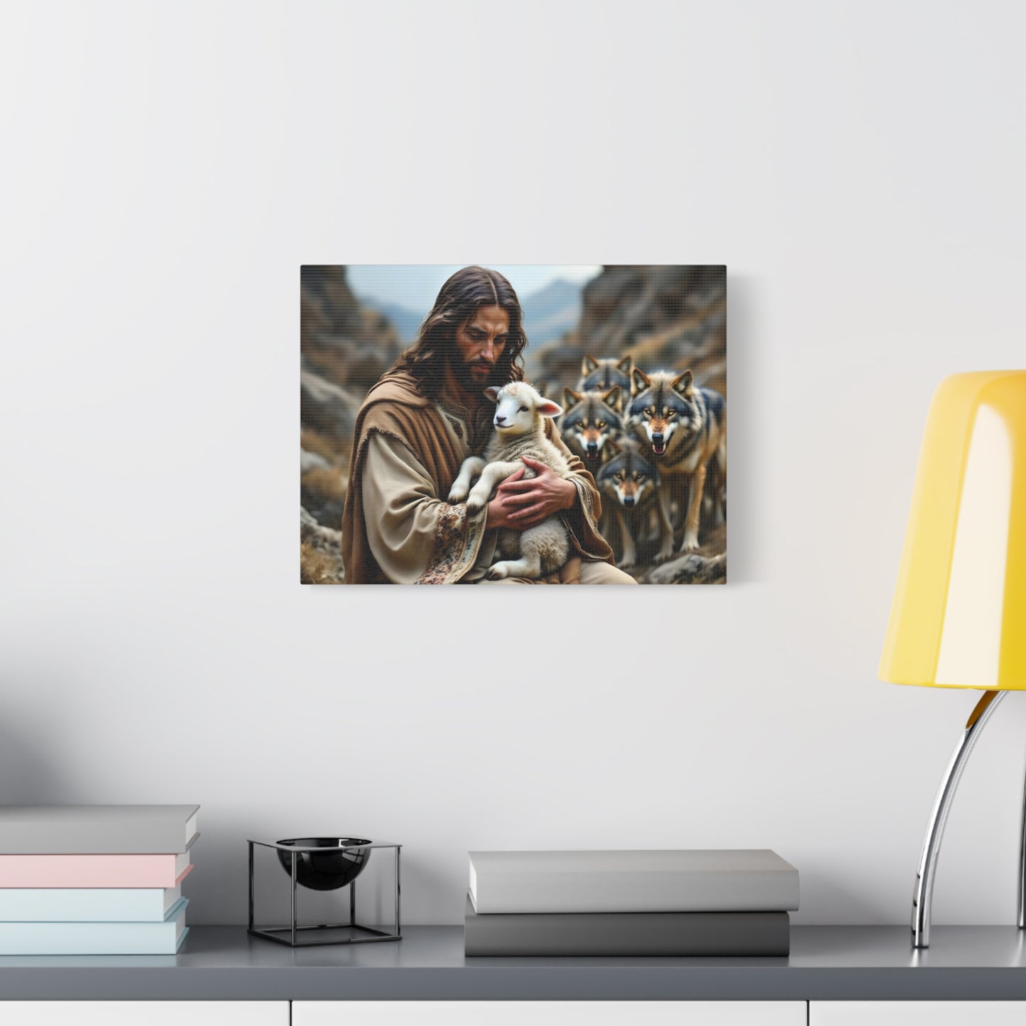Faith Inspirational Matte Canvas Art - Jesus with Lamb and Wolves - Home Decor for Faith and Spirituality
