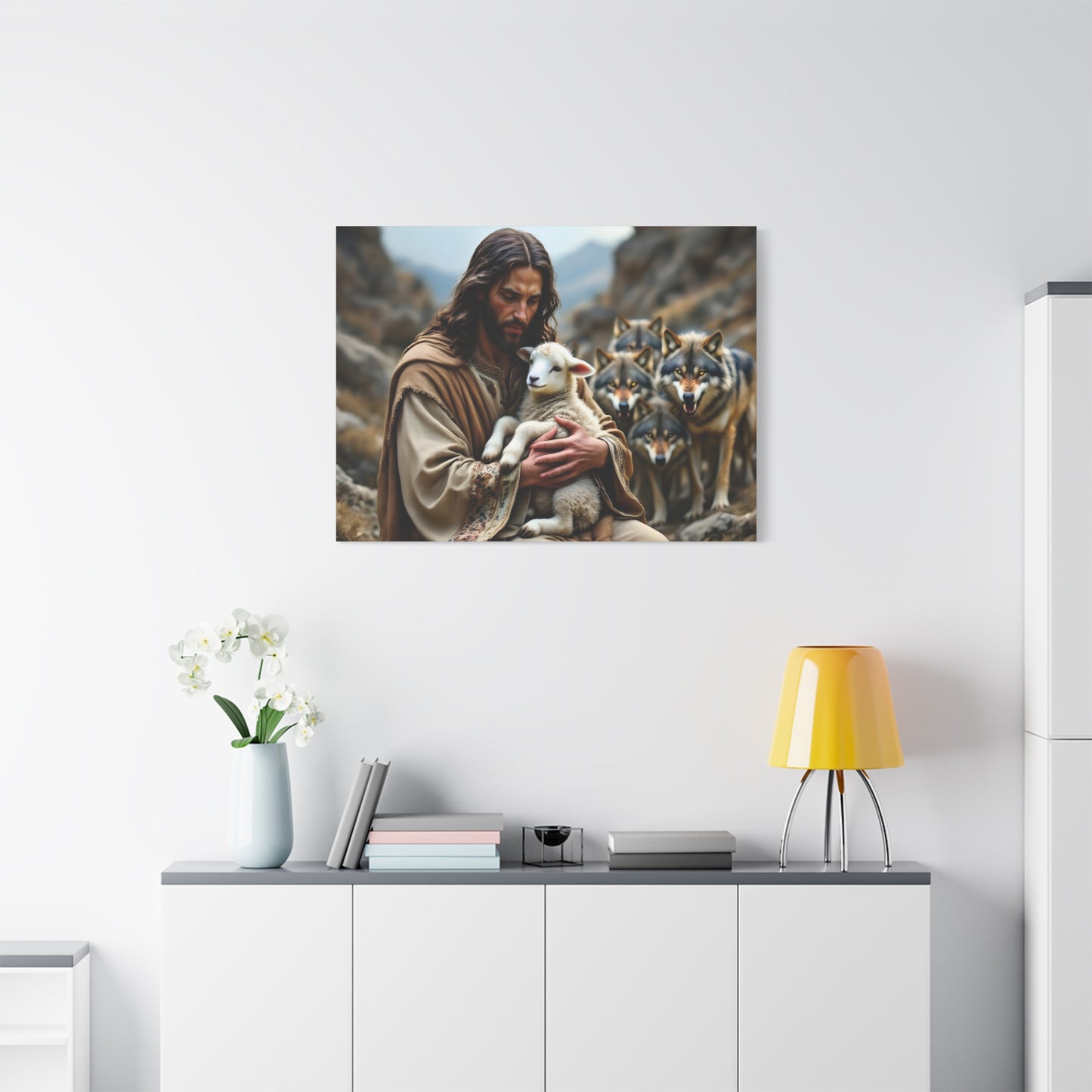 Faith Inspirational Matte Canvas Art - Jesus with Lamb and Wolves - Home Decor for Faith and Spirituality
