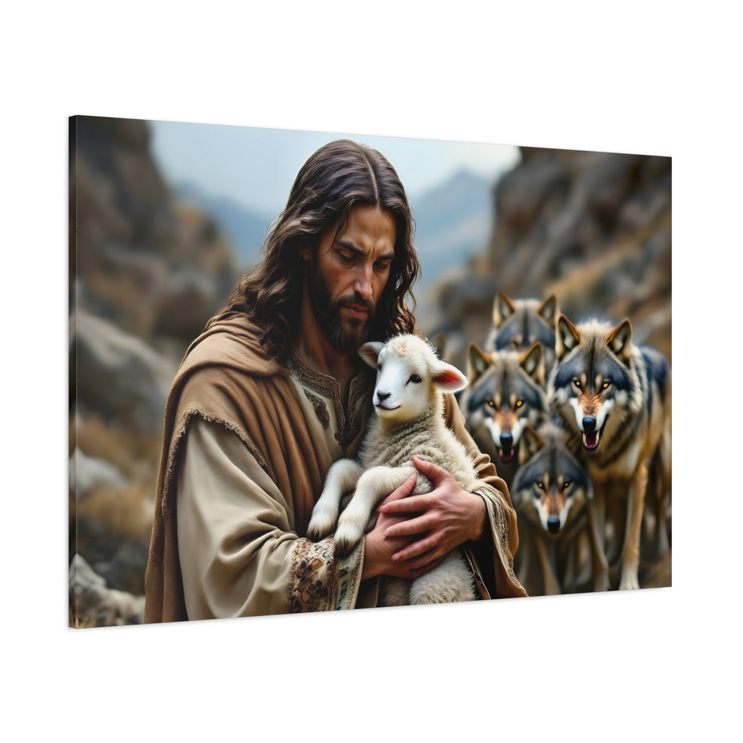 Faith Inspirational Matte Canvas Art - Jesus with Lamb and Wolves - Home Decor for Faith and Spirituality