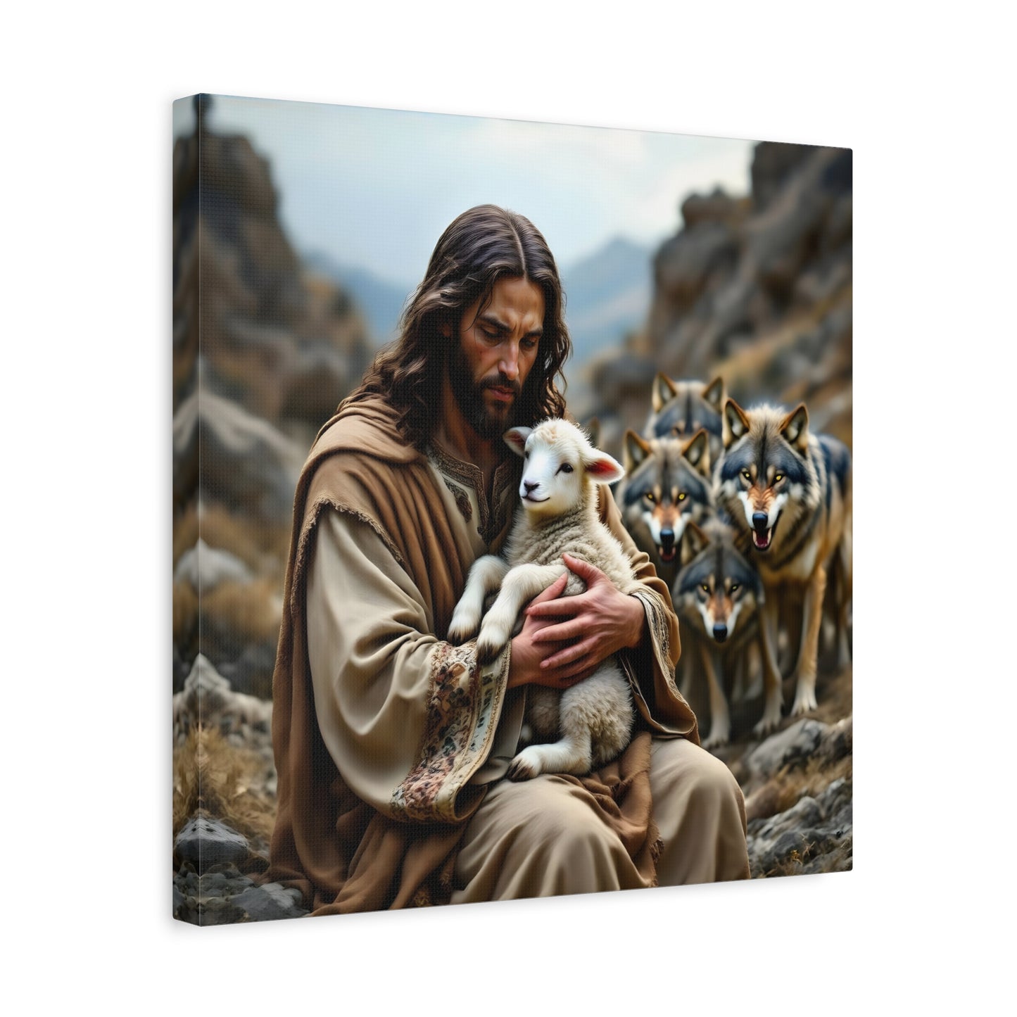 Faith Inspirational Matte Canvas Art - Jesus with Lamb and Wolves - Home Decor for Faith and Spirituality