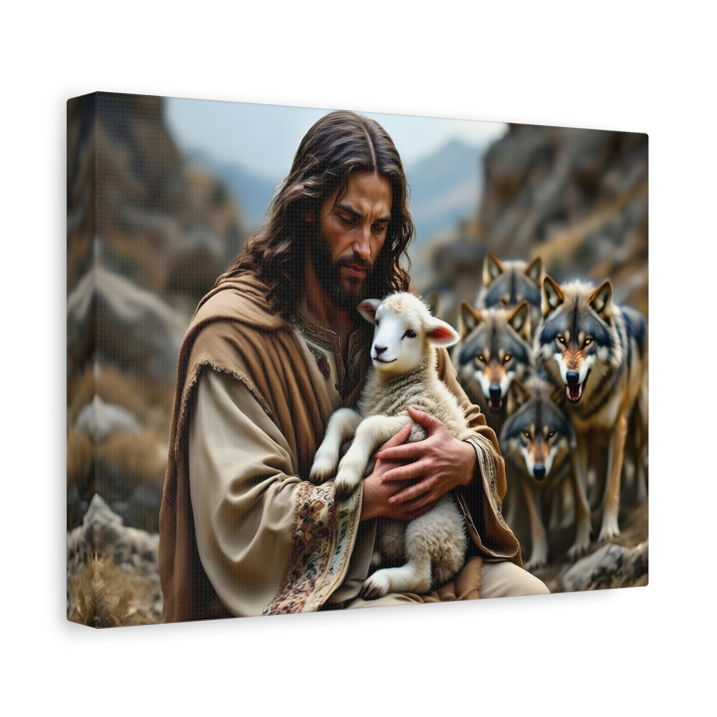 Faith Inspirational Matte Canvas Art - Jesus with Lamb and Wolves - Home Decor for Faith and Spirituality