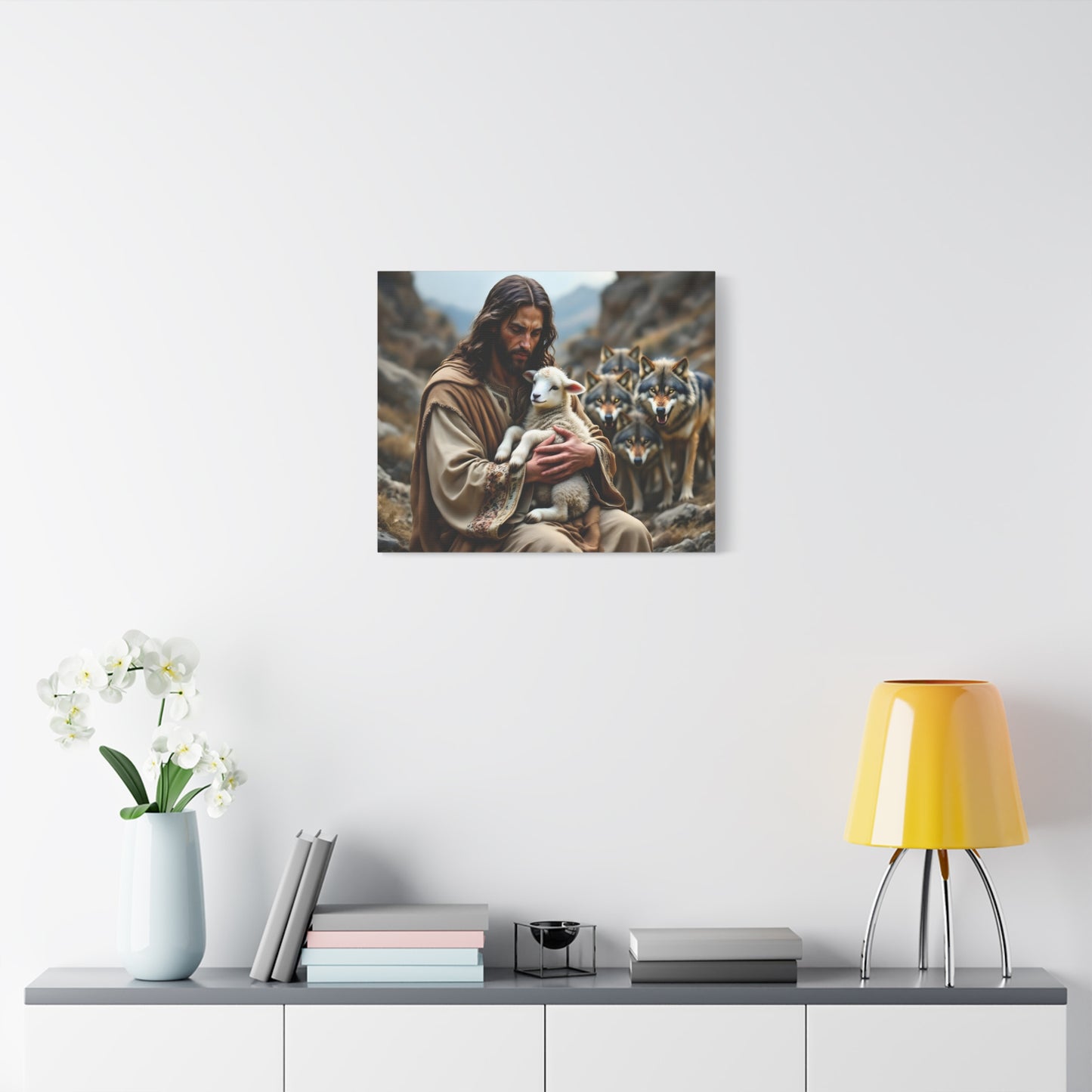 Faith Inspirational Matte Canvas Art - Jesus with Lamb and Wolves - Home Decor for Faith and Spirituality