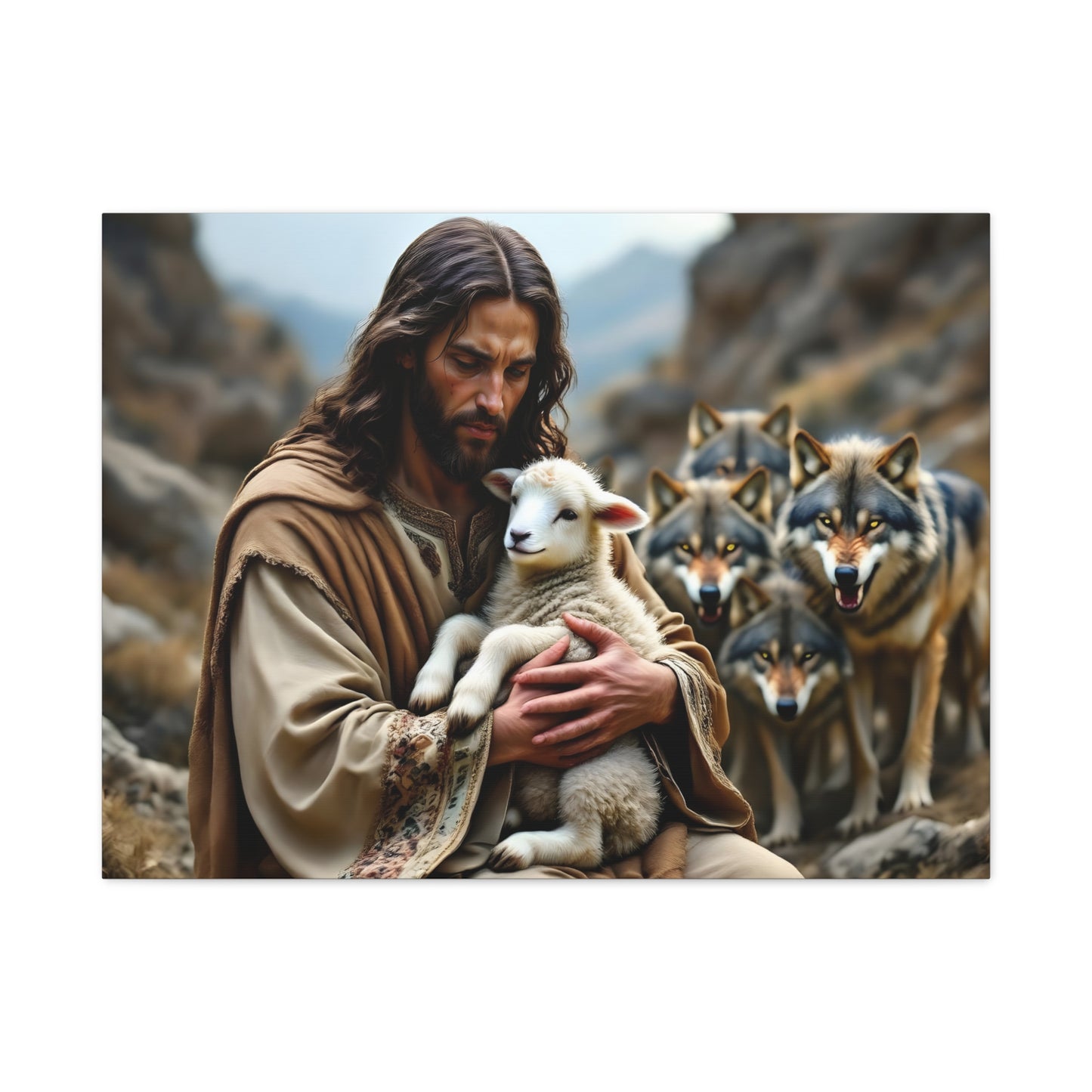 Faith Inspirational Matte Canvas Art - Jesus with Lamb and Wolves - Home Decor for Faith and Spirituality