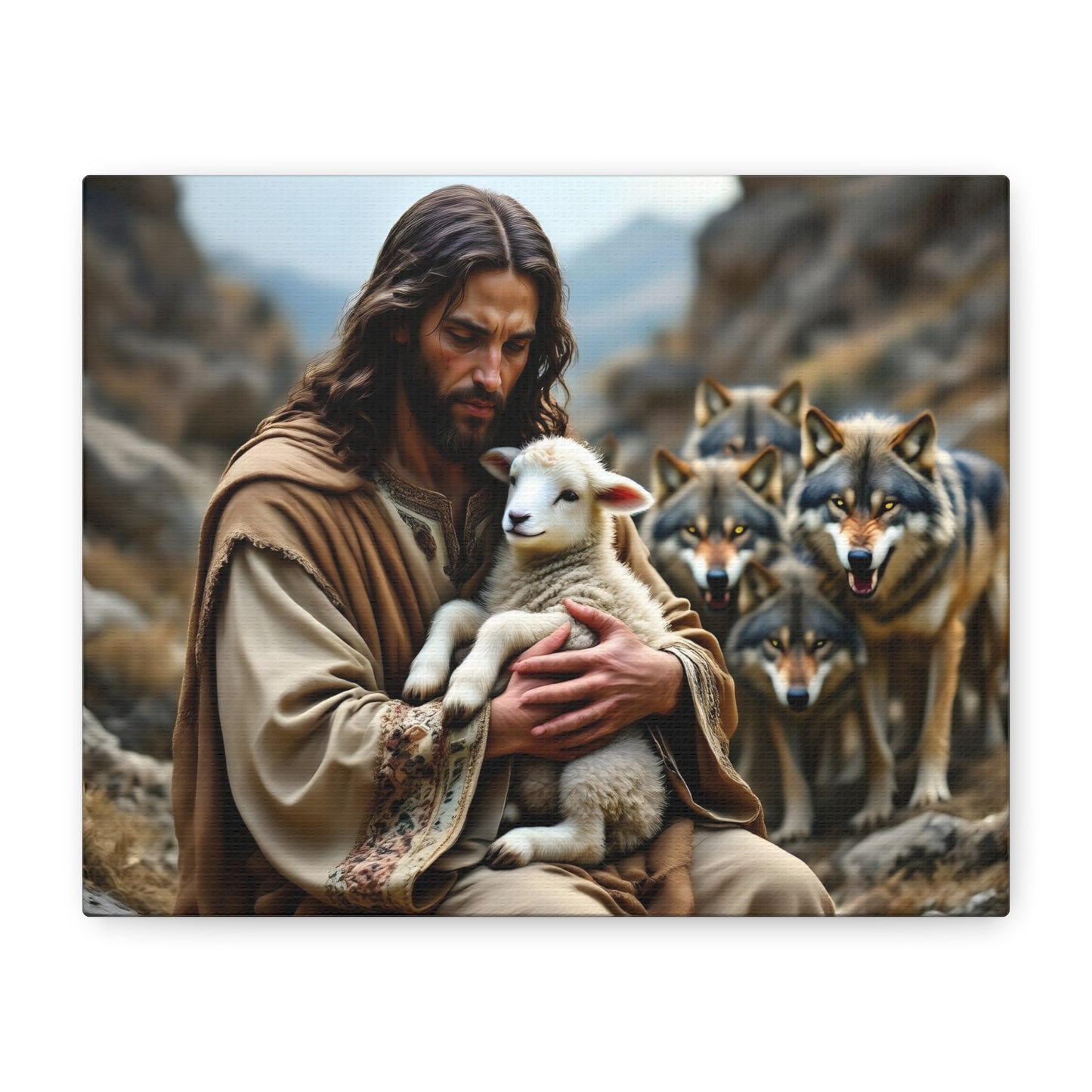 Faith Inspirational Matte Canvas Art - Jesus with Lamb and Wolves - Home Decor for Faith and Spirituality