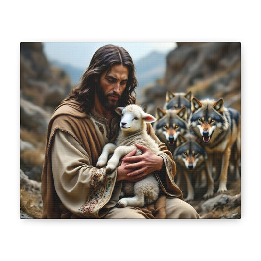 Faith Inspirational Matte Canvas Art - Jesus with Lamb and Wolves - Home Decor for Faith and Spirituality