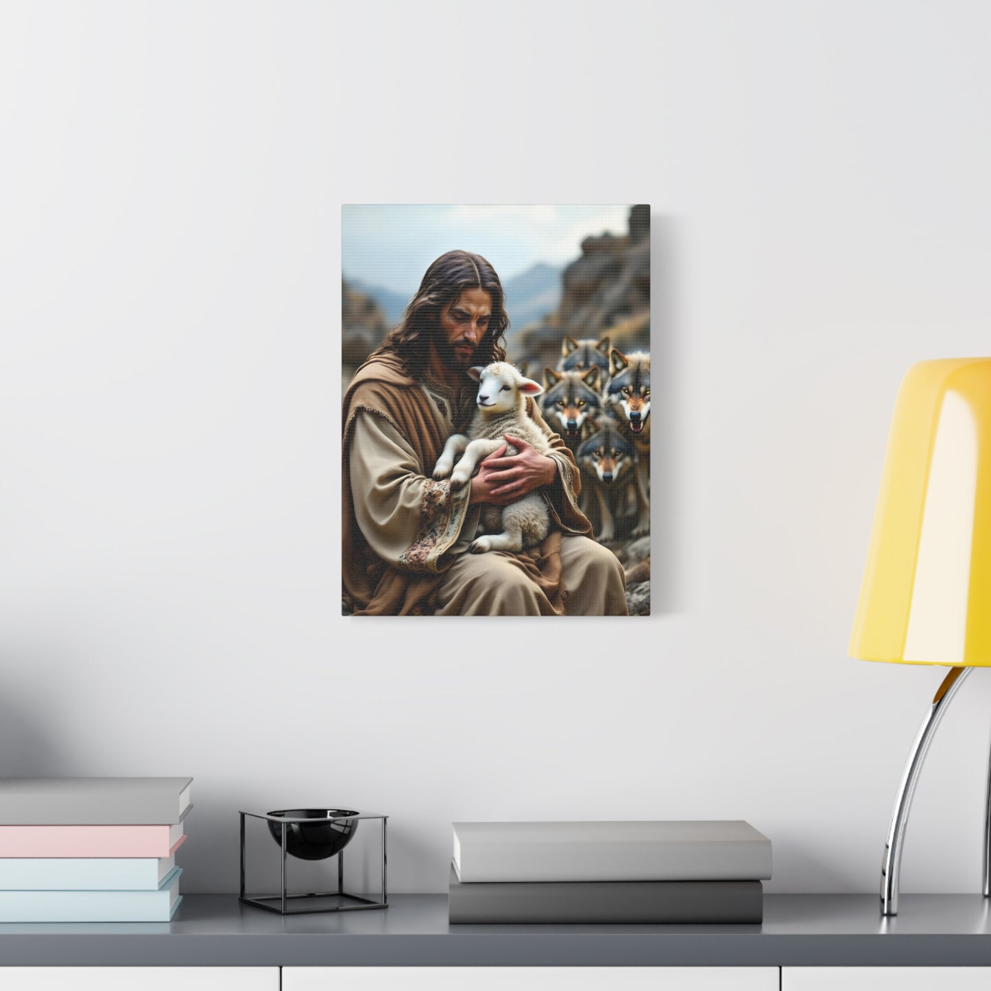 Faith Inspirational Matte Canvas Art - Jesus with Lamb and Wolves - Home Decor for Faith and Spirituality