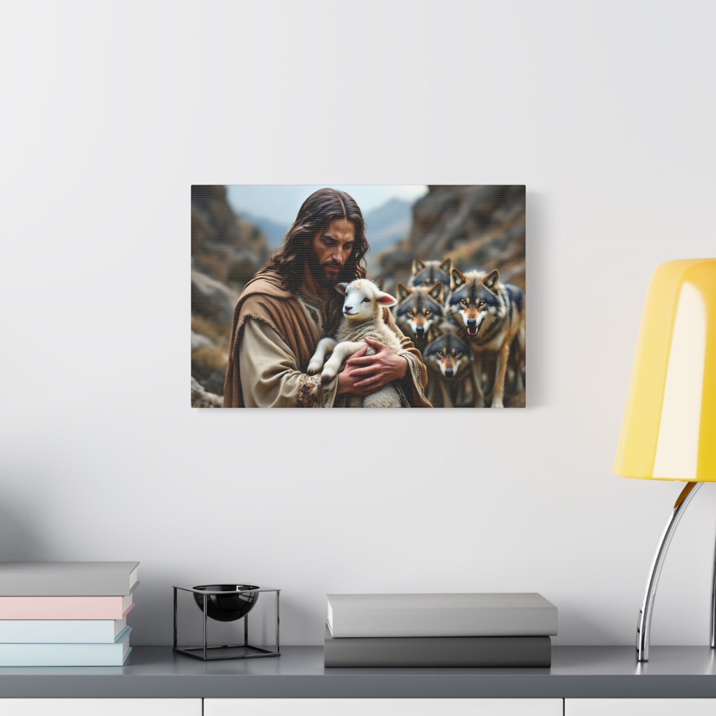 Faith Inspirational Matte Canvas Art - Jesus with Lamb and Wolves - Home Decor for Faith and Spirituality