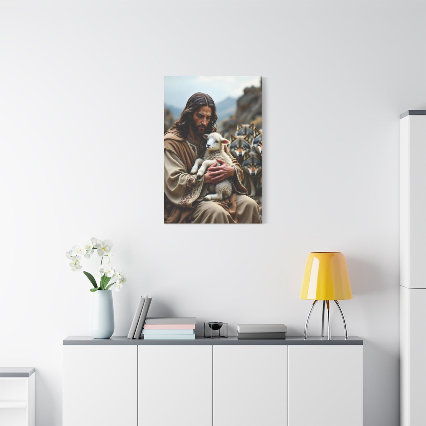 Faith Inspirational Matte Canvas Art - Jesus with Lamb and Wolves - Home Decor for Faith and Spirituality