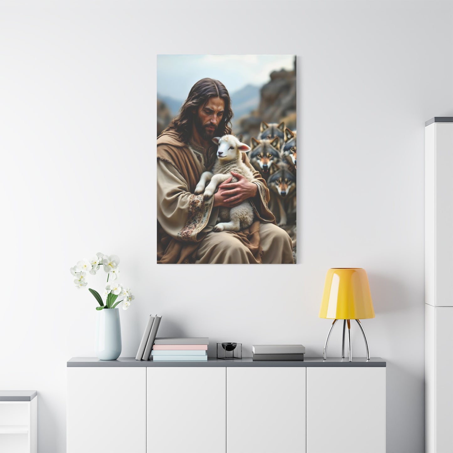Faith Inspirational Matte Canvas Art - Jesus with Lamb and Wolves - Home Decor for Faith and Spirituality