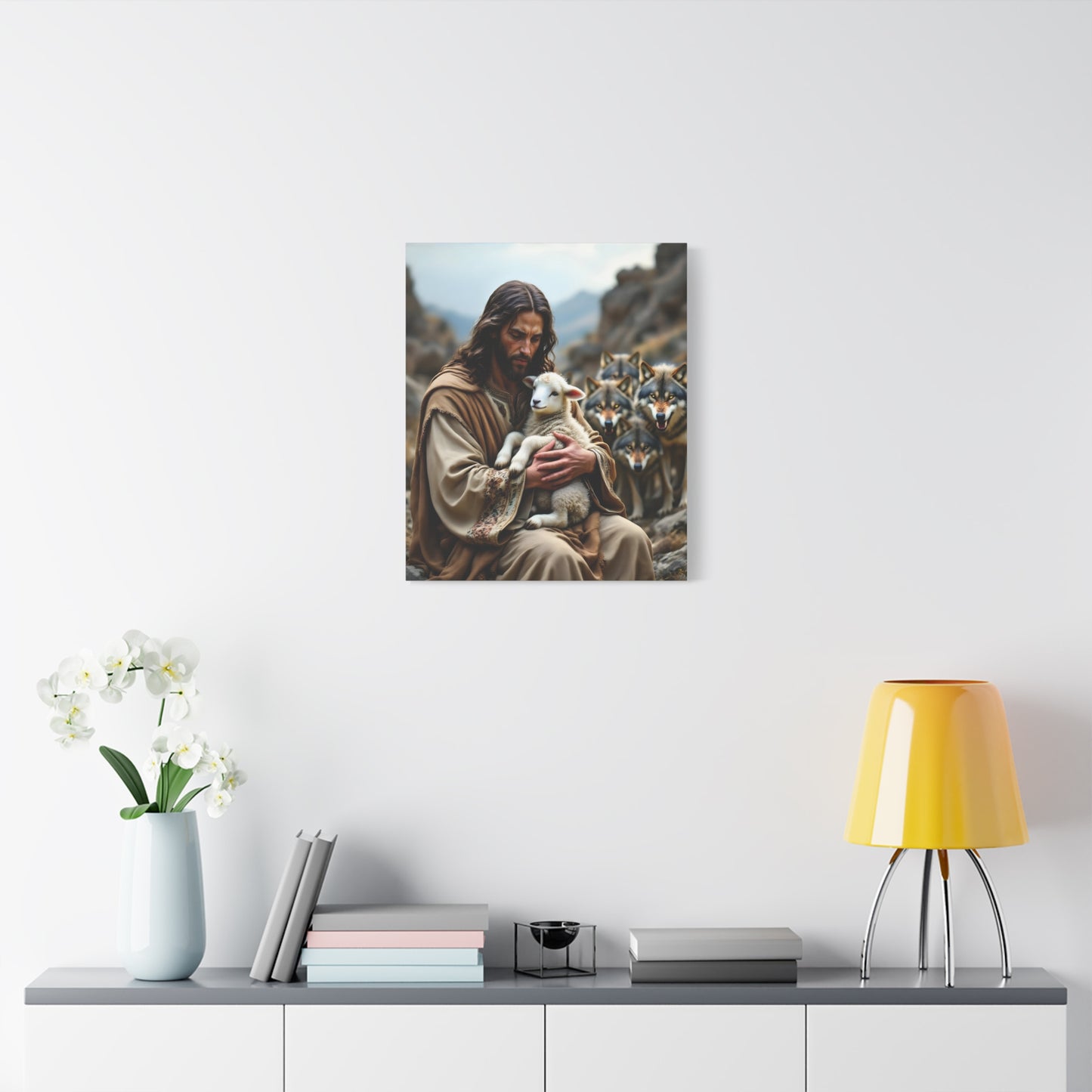 Faith Inspirational Matte Canvas Art - Jesus with Lamb and Wolves - Home Decor for Faith and Spirituality