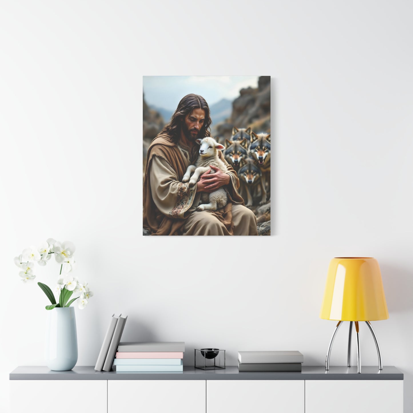 Faith Inspirational Matte Canvas Art - Jesus with Lamb and Wolves - Home Decor for Faith and Spirituality