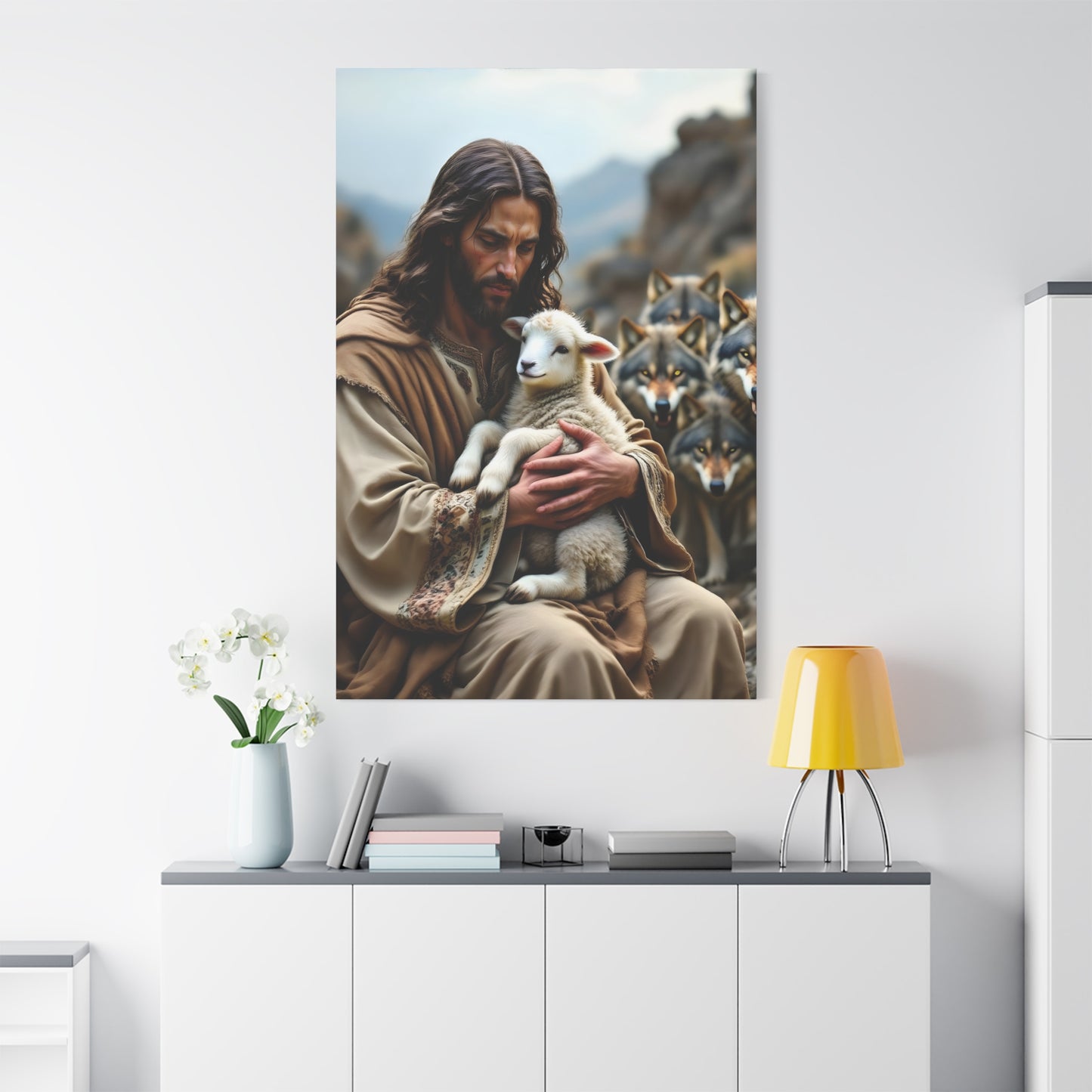 Faith Inspirational Matte Canvas Art - Jesus with Lamb and Wolves - Home Decor for Faith and Spirituality