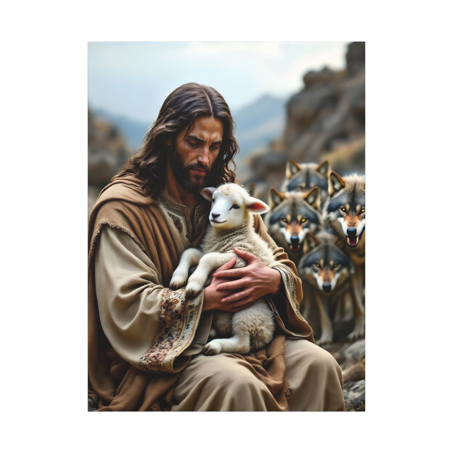 Faith Inspirational Matte Canvas Art - Jesus with Lamb and Wolves - Home Decor for Faith and Spirituality
