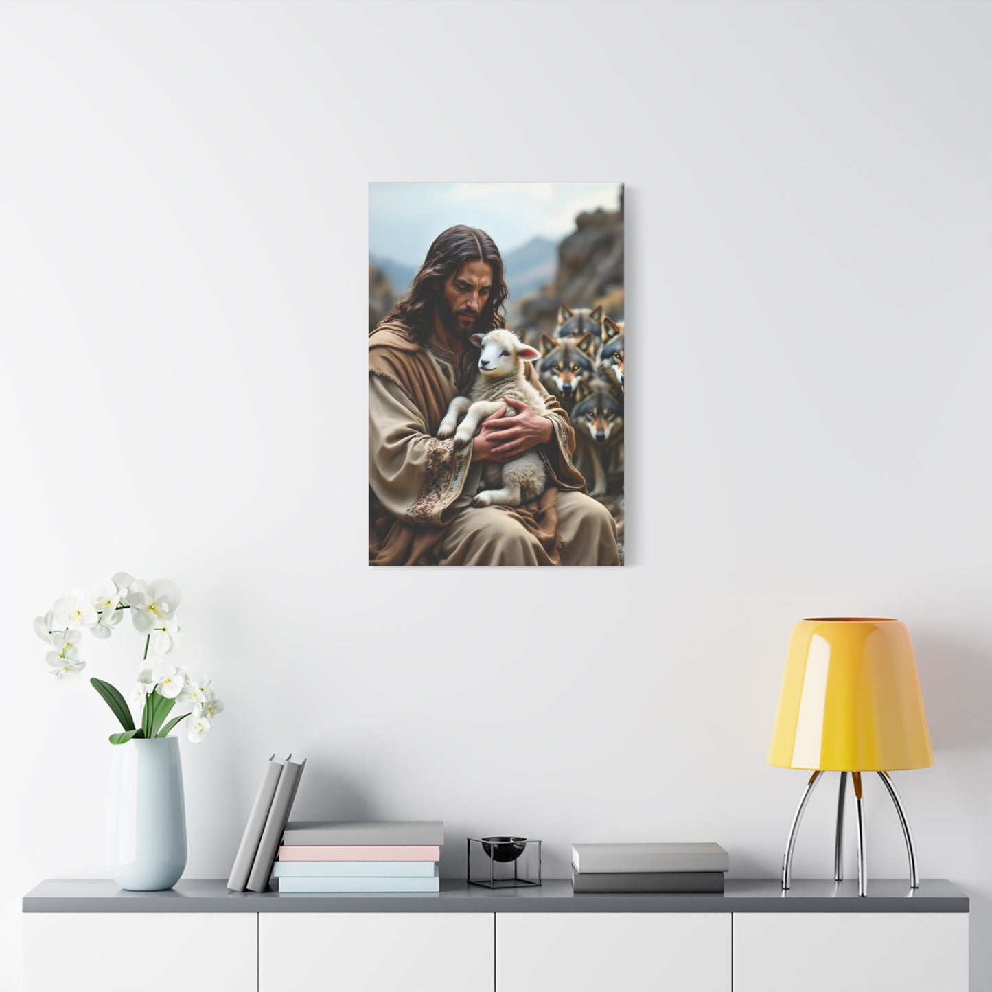 Faith Inspirational Matte Canvas Art - Jesus with Lamb and Wolves - Home Decor for Faith and Spirituality
