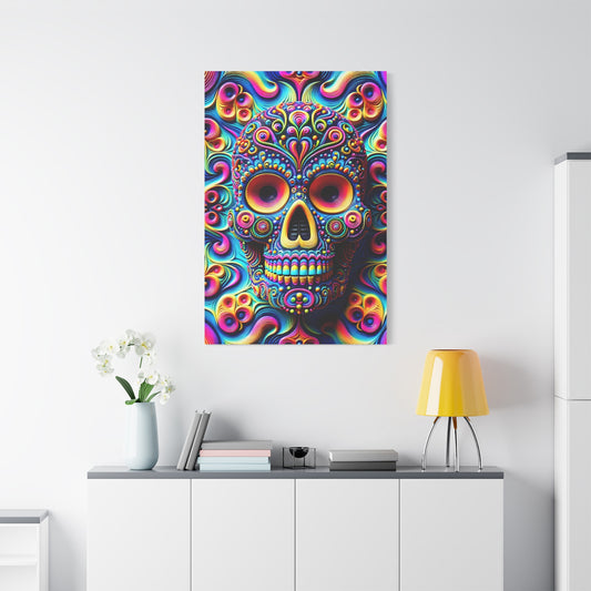 Colorful Sugar Skull Art Canvas | Psychedelic Wall Decor, Day of the Dead Art, Unique Gift for Halloween, Home Decoration, Vibrant Artwork