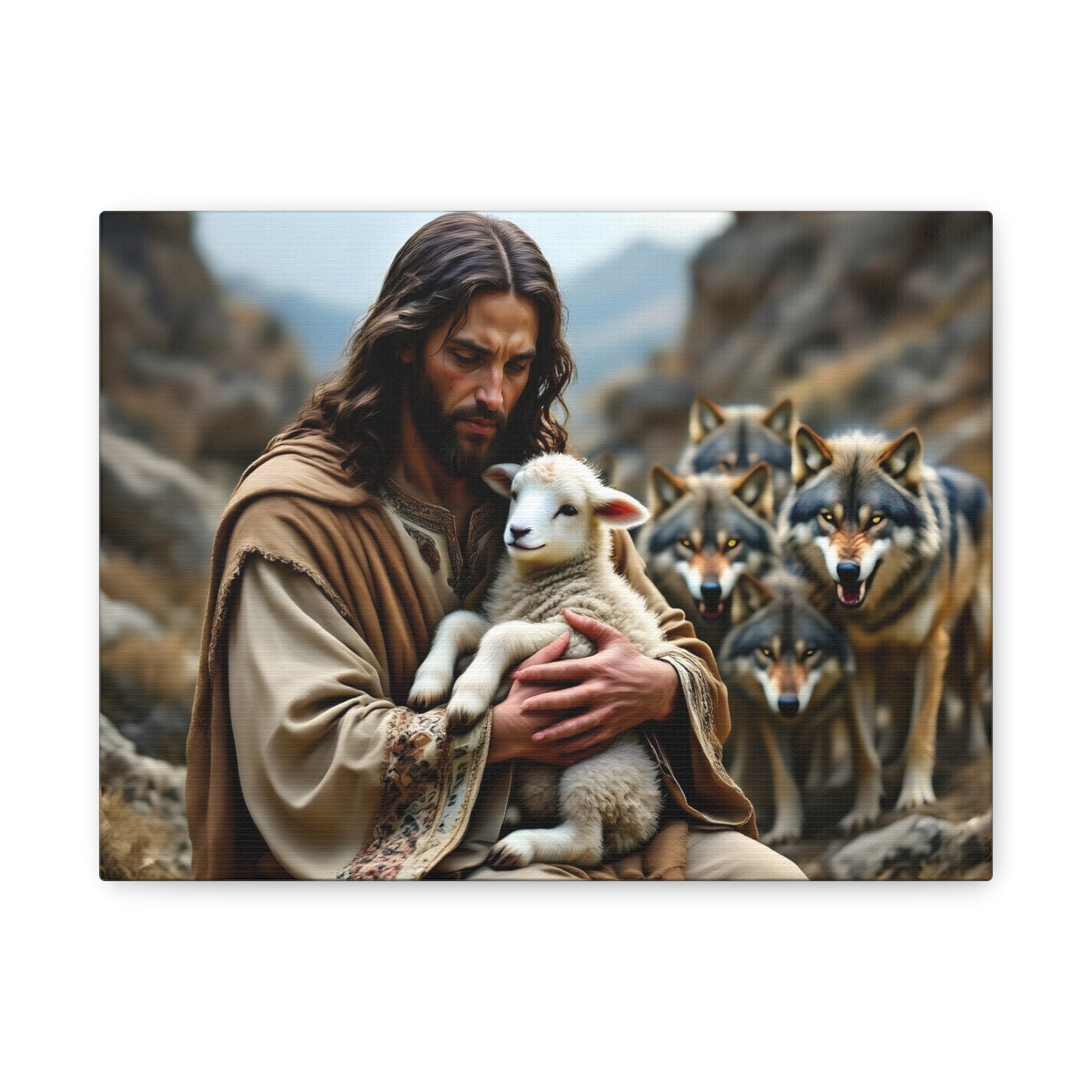 Faith Inspirational Matte Canvas Art - Jesus with Lamb and Wolves - Home Decor for Faith and Spirituality