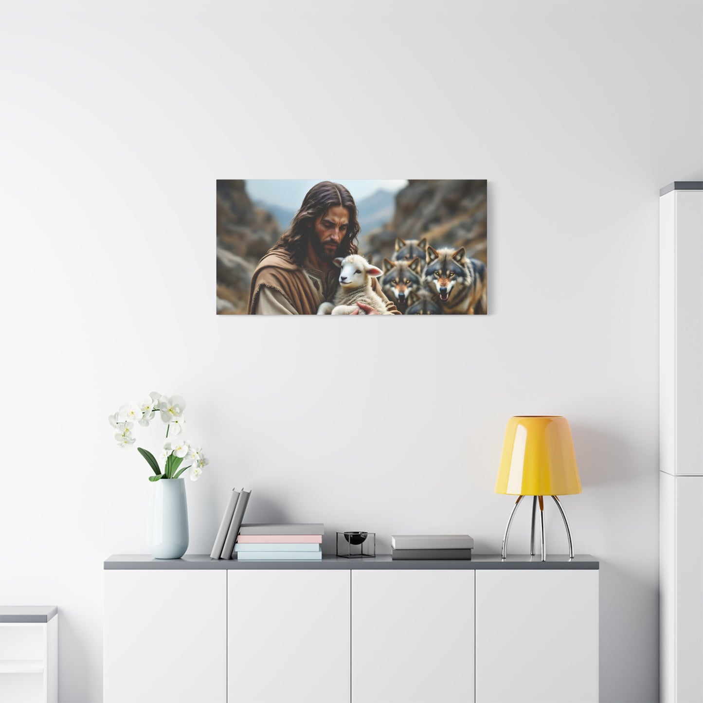 Faith Inspirational Matte Canvas Art - Jesus with Lamb and Wolves - Home Decor for Faith and Spirituality