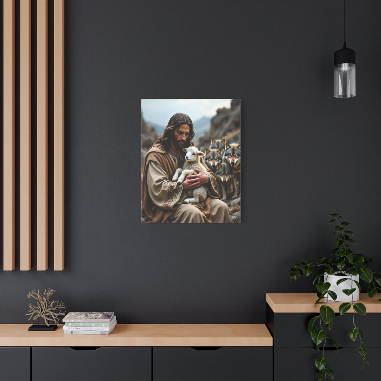 Faith Inspirational Matte Canvas Art - Jesus with Lamb and Wolves - Home Decor for Faith and Spirituality