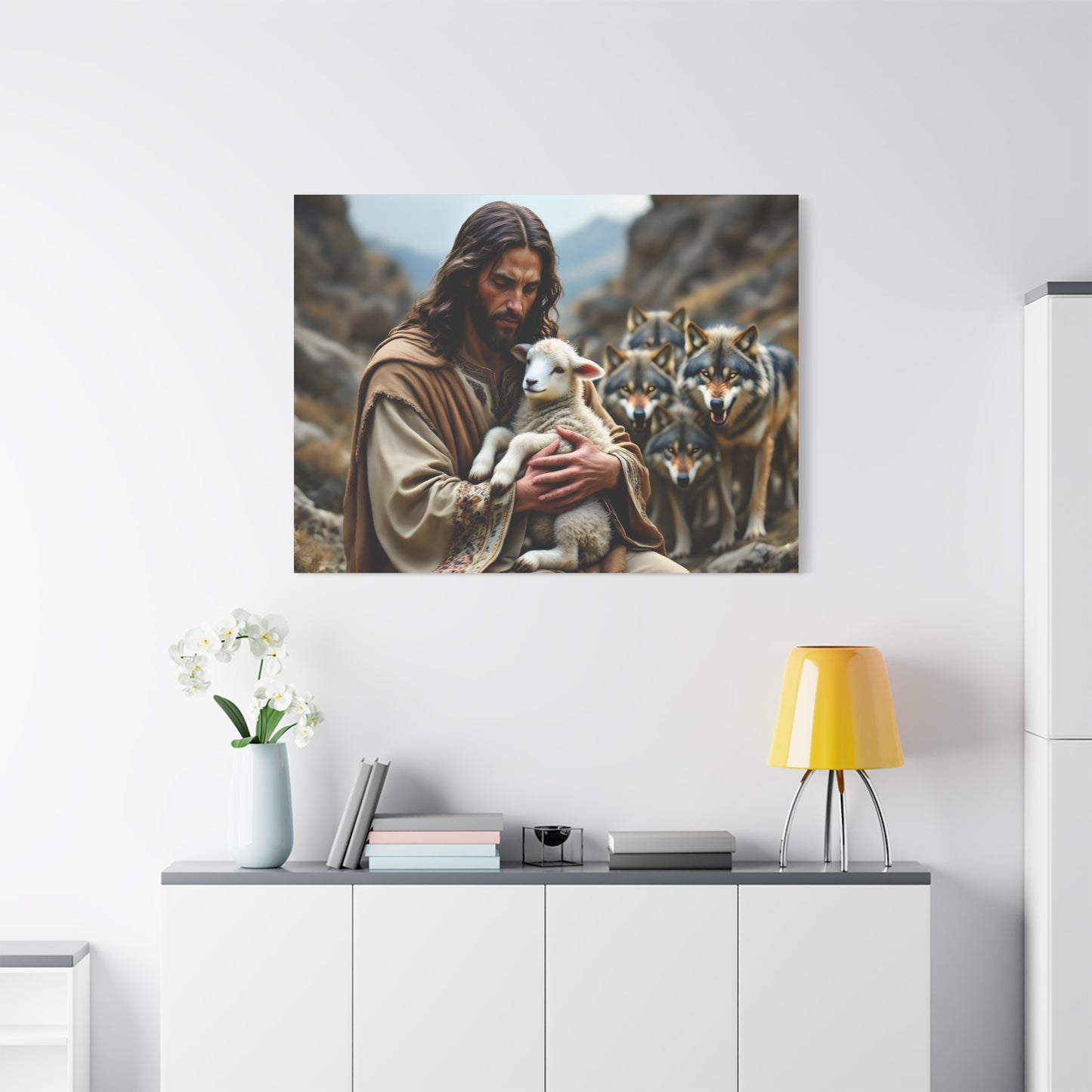Faith Inspirational Matte Canvas Art - Jesus with Lamb and Wolves - Home Decor for Faith and Spirituality