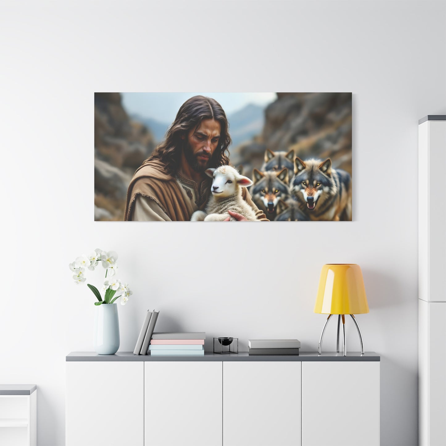 Faith Inspirational Matte Canvas Art - Jesus with Lamb and Wolves - Home Decor for Faith and Spirituality