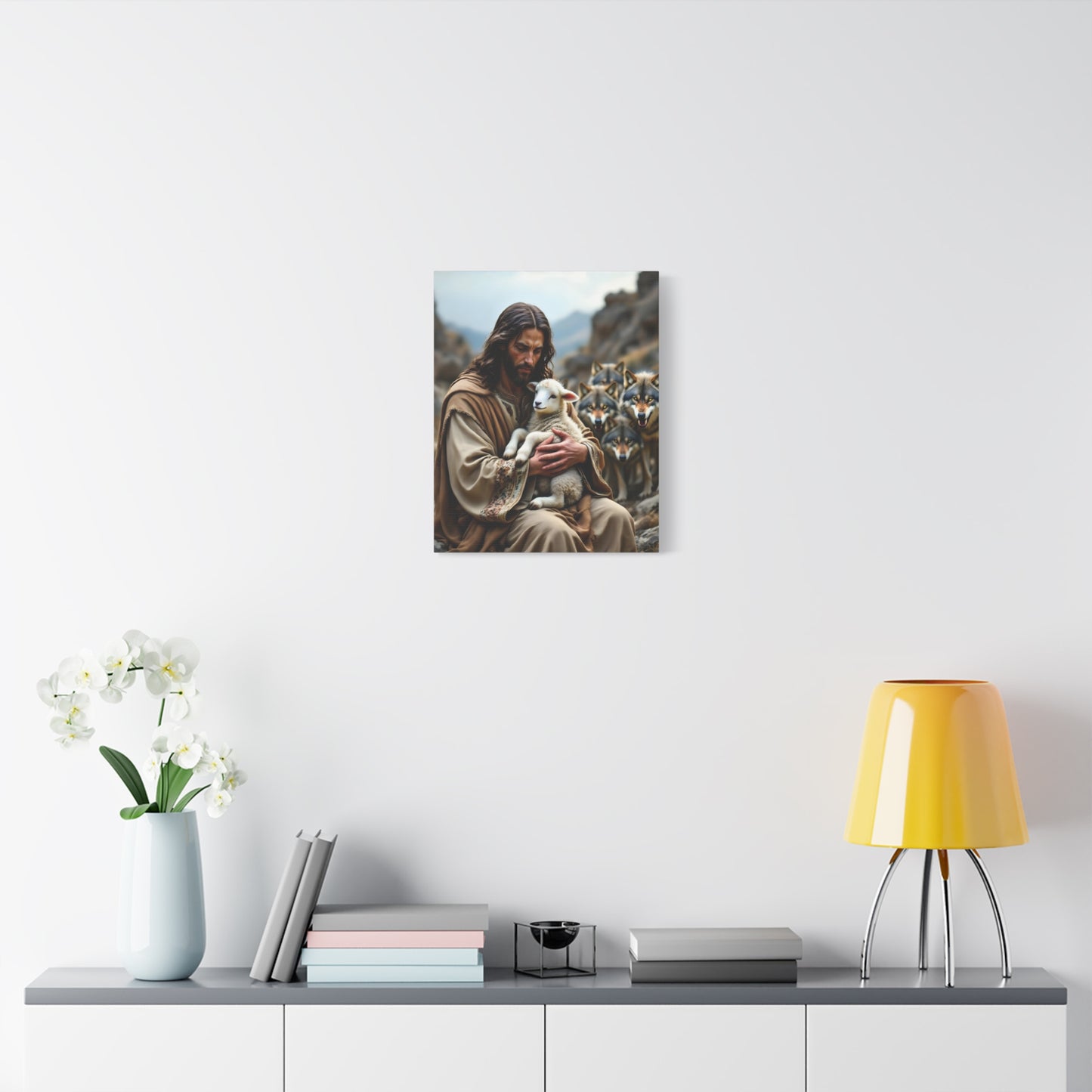 Faith Inspirational Matte Canvas Art - Jesus with Lamb and Wolves - Home Decor for Faith and Spirituality