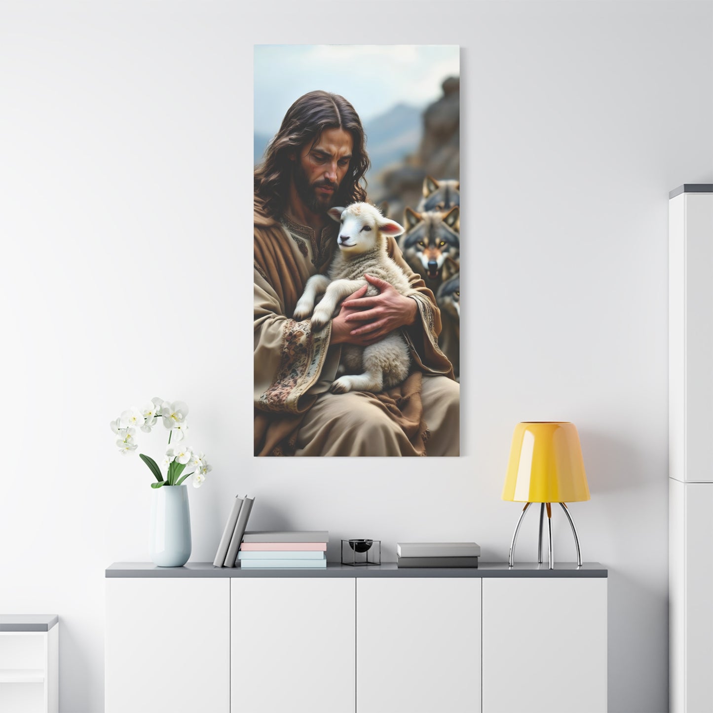 Faith Inspirational Matte Canvas Art - Jesus with Lamb and Wolves - Home Decor for Faith and Spirituality