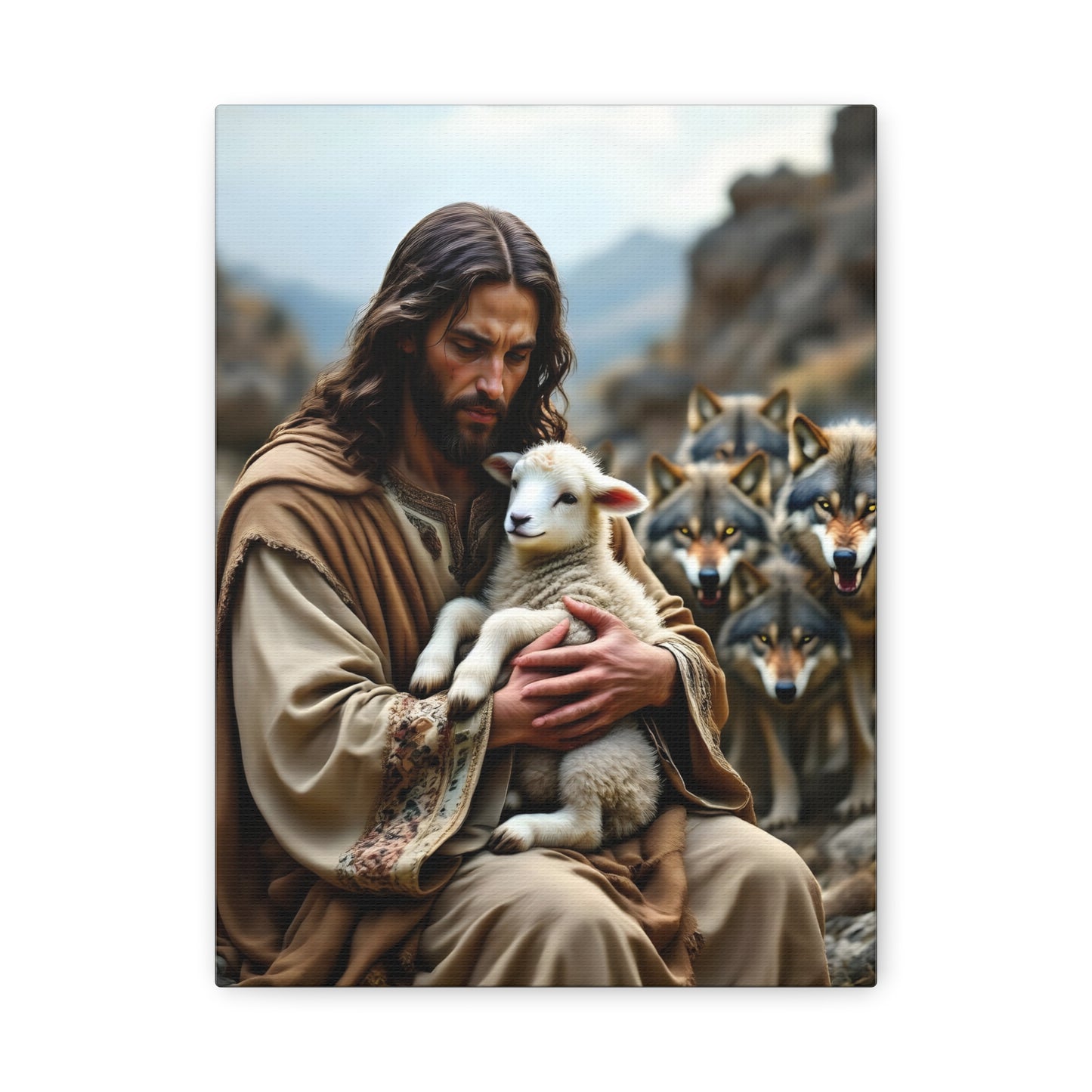 Faith Inspirational Matte Canvas Art - Jesus with Lamb and Wolves - Home Decor for Faith and Spirituality