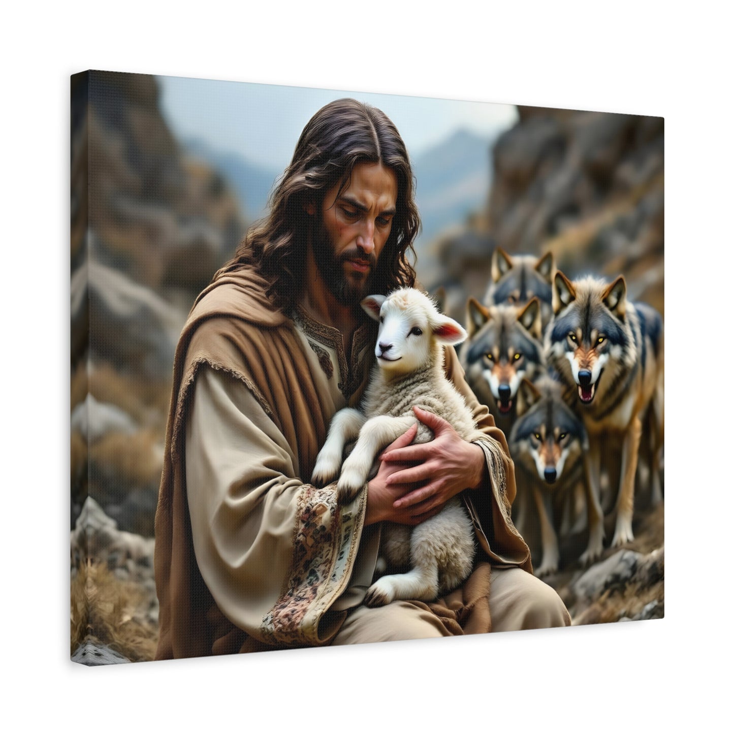 Faith Inspirational Matte Canvas Art - Jesus with Lamb and Wolves - Home Decor for Faith and Spirituality