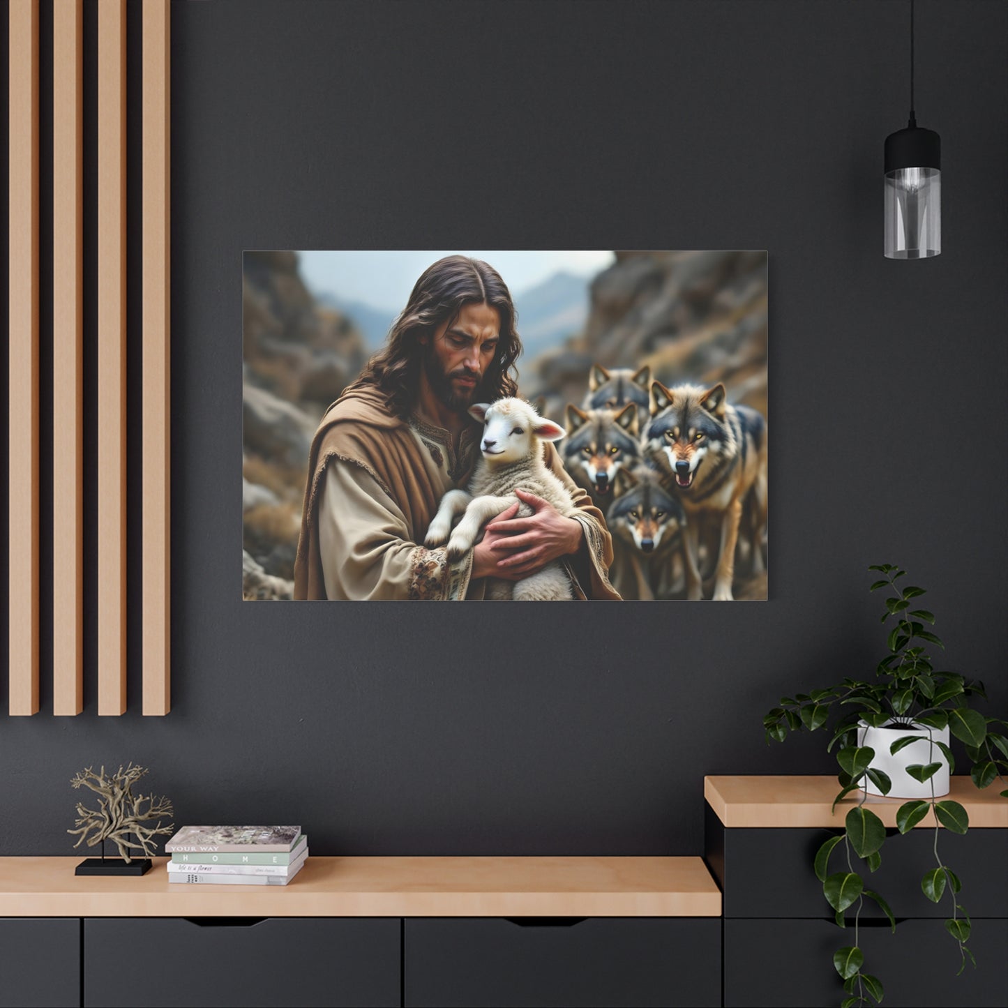 Faith Inspirational Matte Canvas Art - Jesus with Lamb and Wolves - Home Decor for Faith and Spirituality