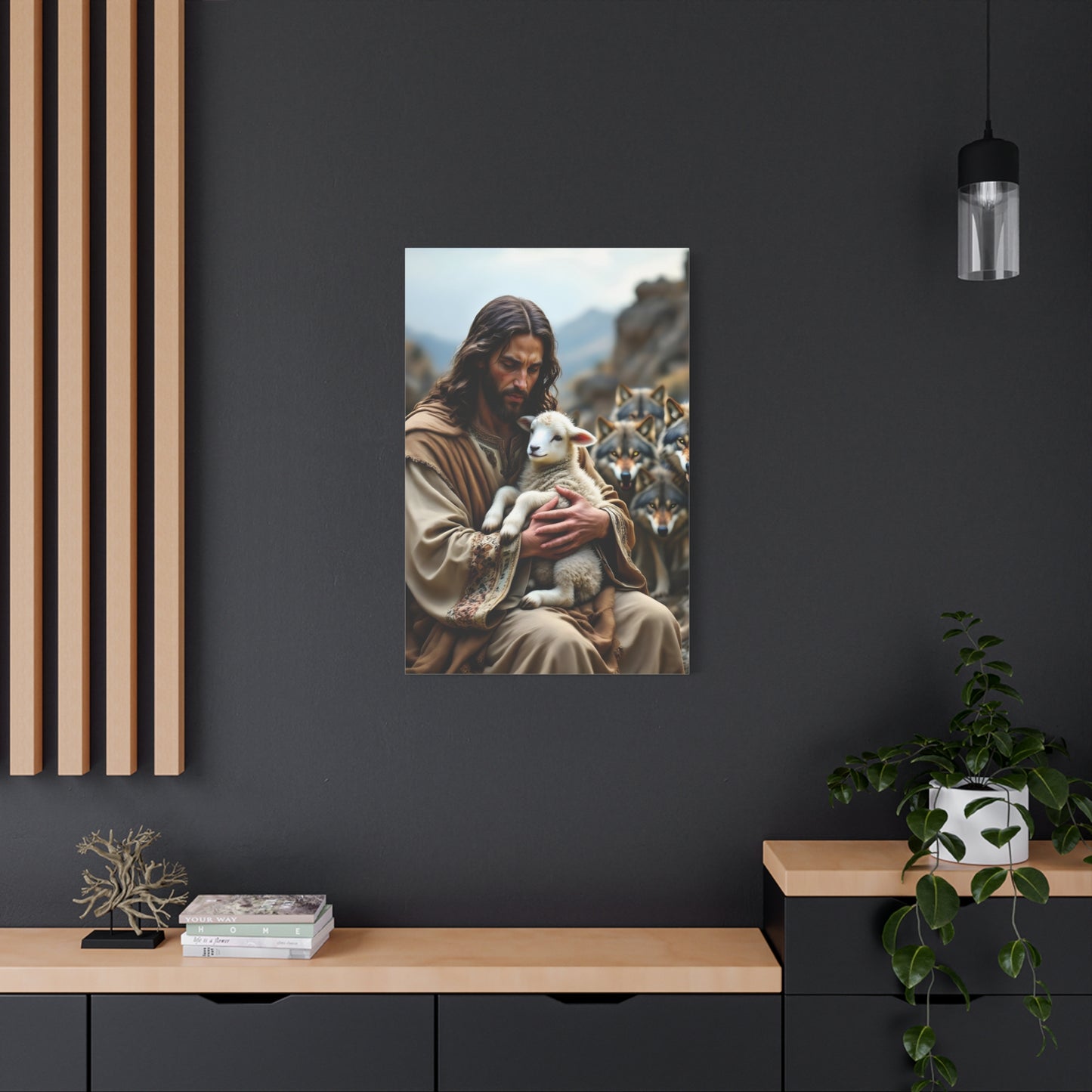 Faith Inspirational Matte Canvas Art - Jesus with Lamb and Wolves - Home Decor for Faith and Spirituality