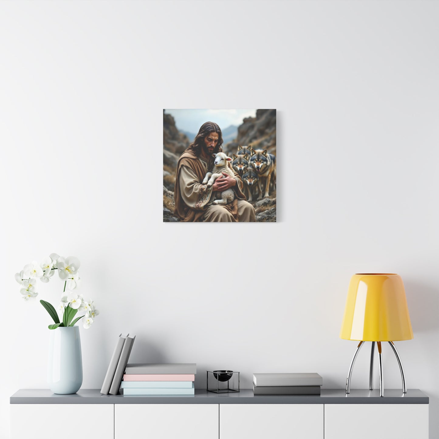 Faith Inspirational Matte Canvas Art - Jesus with Lamb and Wolves - Home Decor for Faith and Spirituality