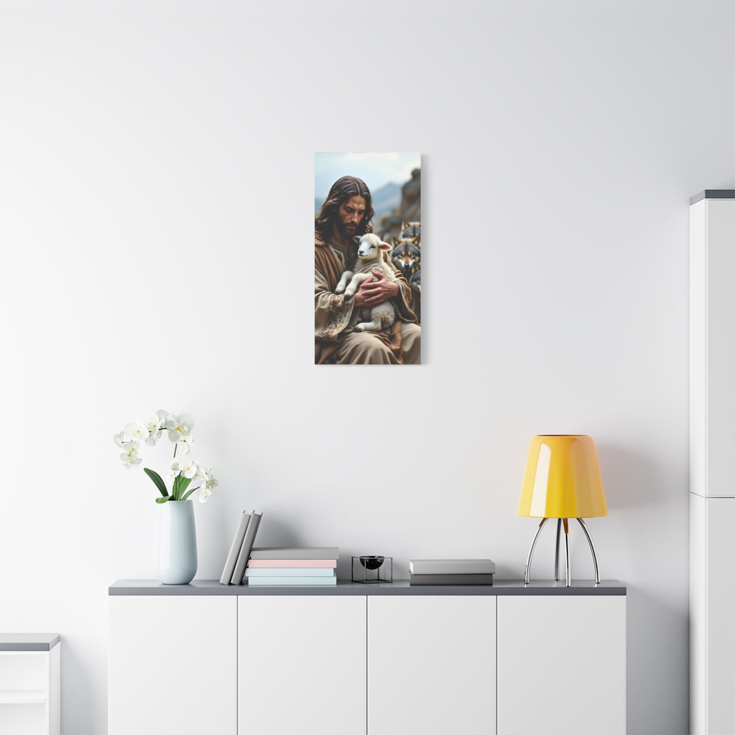 Faith Inspirational Matte Canvas Art - Jesus with Lamb and Wolves - Home Decor for Faith and Spirituality
