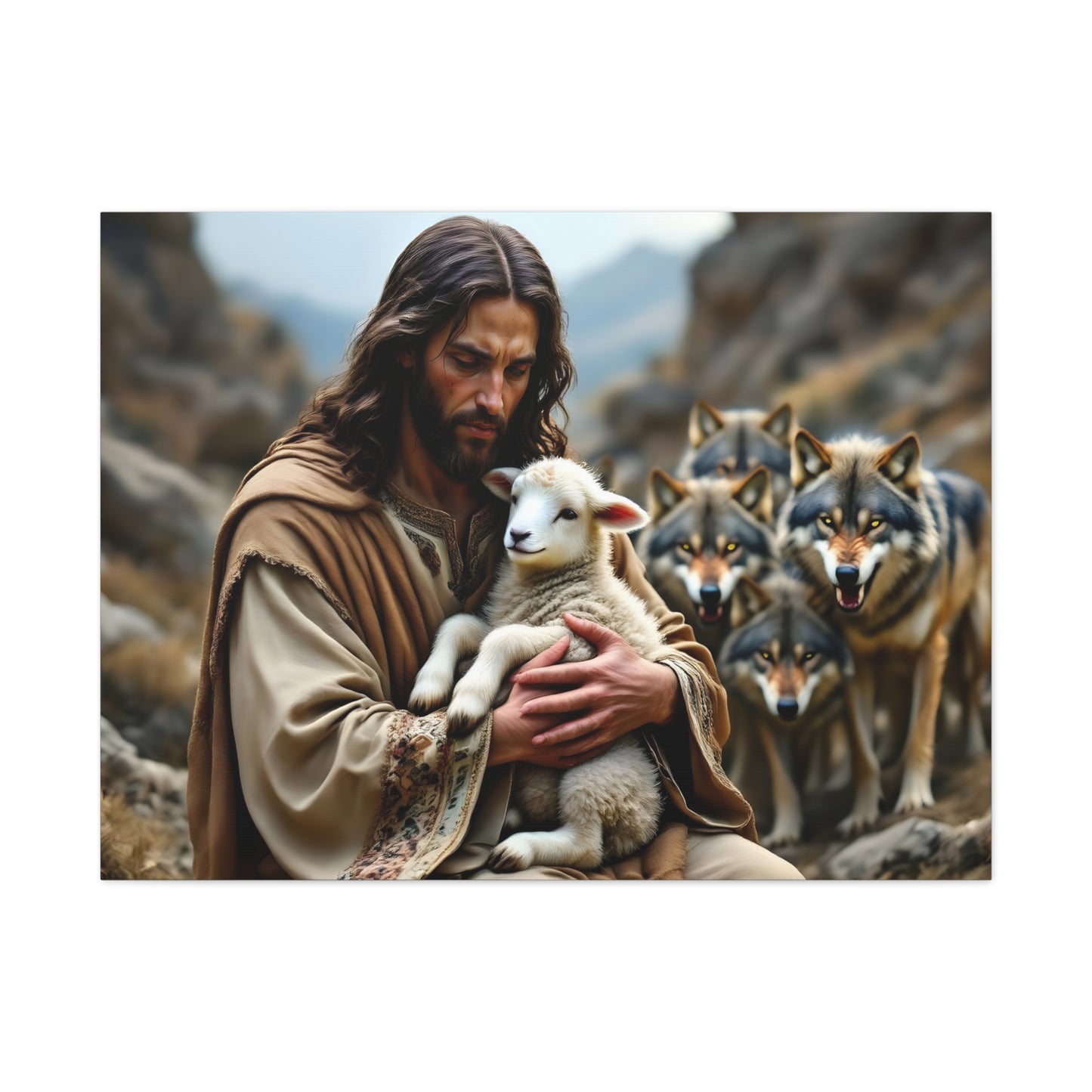 Faith Inspirational Matte Canvas Art - Jesus with Lamb and Wolves - Home Decor for Faith and Spirituality