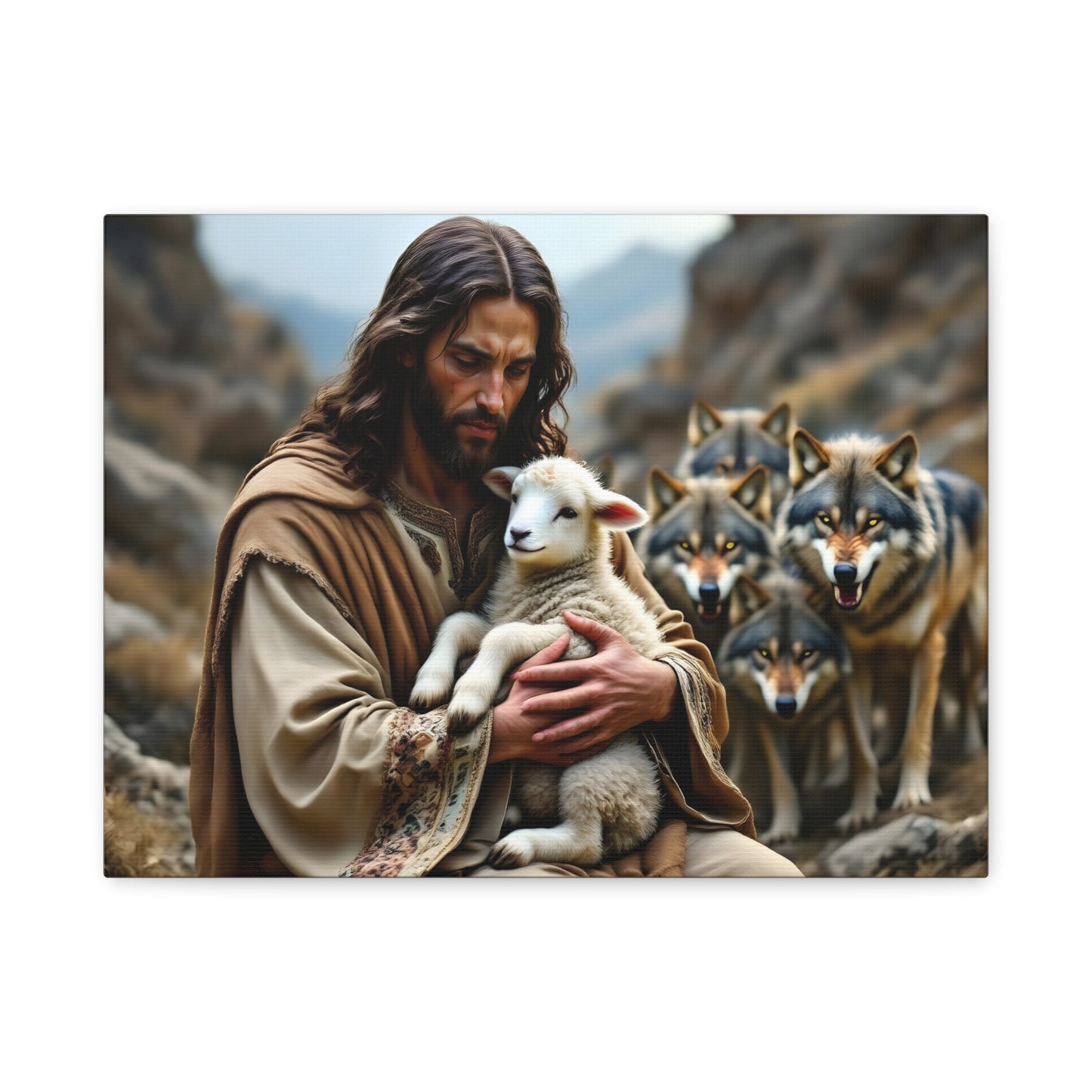 Faith Inspirational Matte Canvas Art - Jesus with Lamb and Wolves - Home Decor for Faith and Spirituality