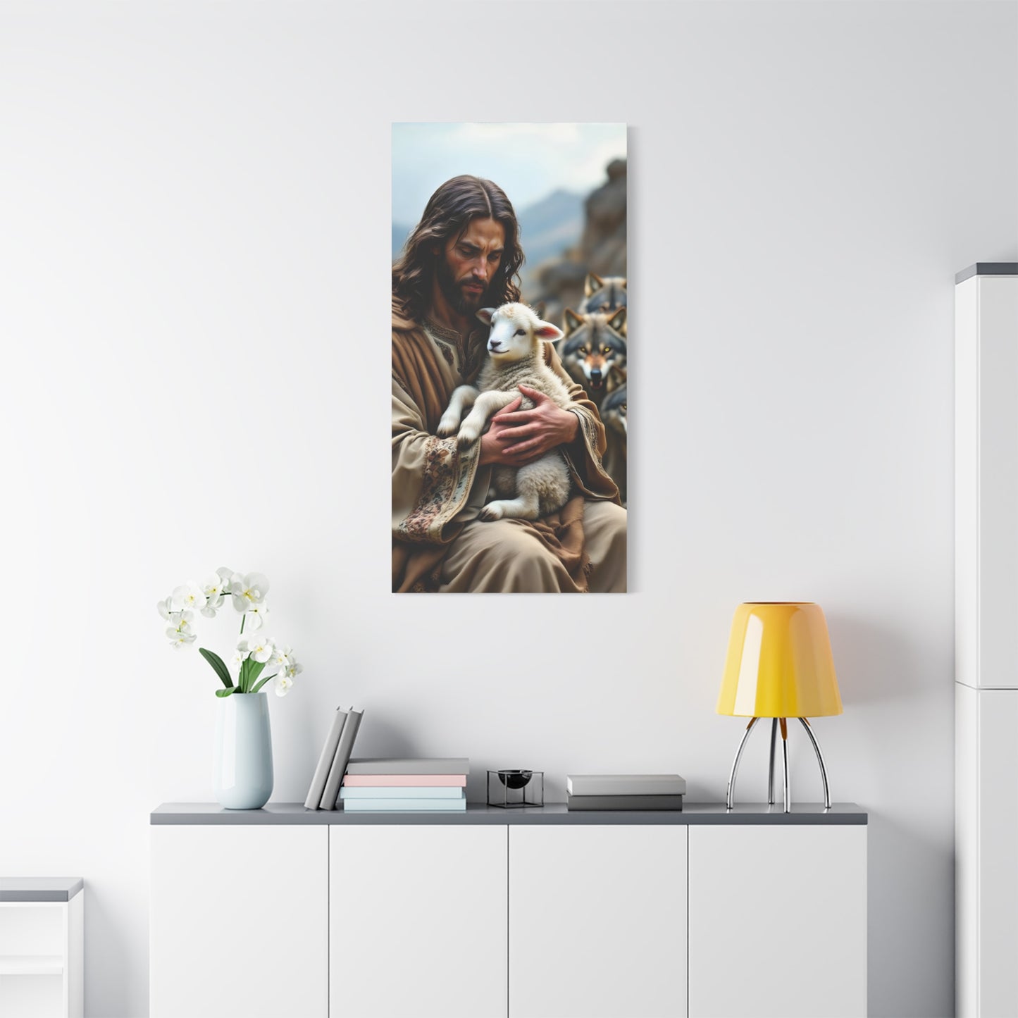 Faith Inspirational Matte Canvas Art - Jesus with Lamb and Wolves - Home Decor for Faith and Spirituality