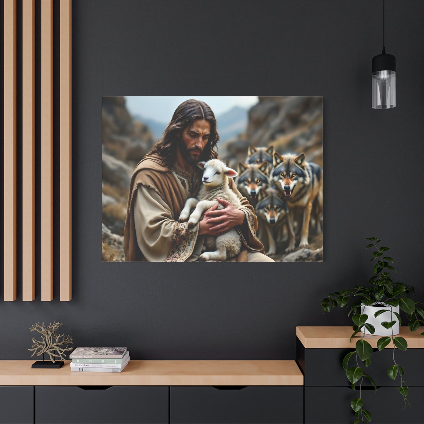 Faith Inspirational Matte Canvas Art - Jesus with Lamb and Wolves - Home Decor for Faith and Spirituality