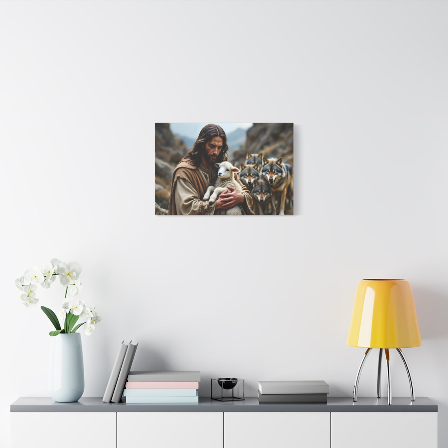 Faith Inspirational Matte Canvas Art - Jesus with Lamb and Wolves - Home Decor for Faith and Spirituality