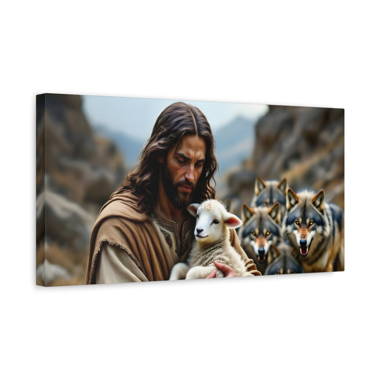 Faith Inspirational Matte Canvas Art - Jesus with Lamb and Wolves - Home Decor for Faith and Spirituality
