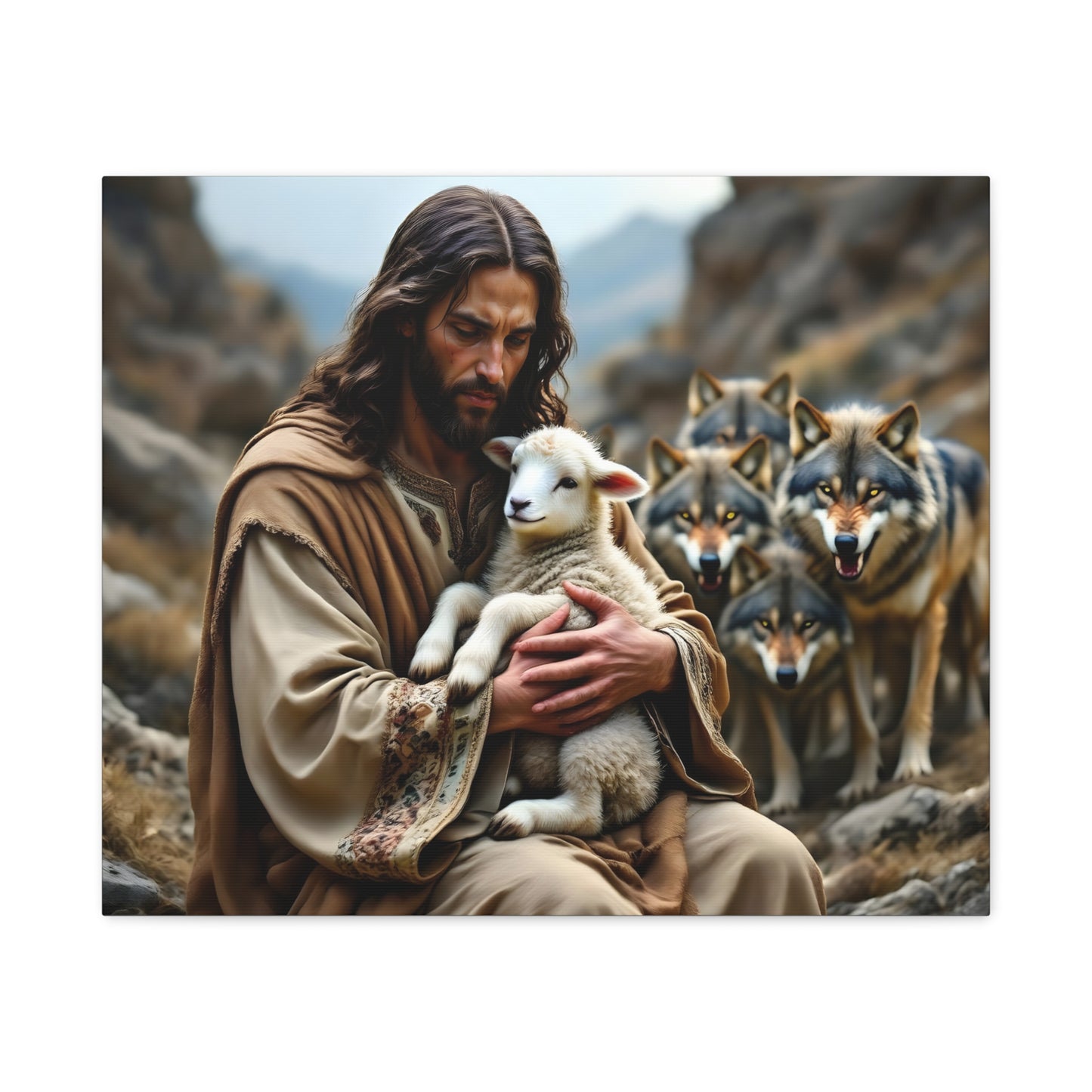 Faith Inspirational Matte Canvas Art - Jesus with Lamb and Wolves - Home Decor for Faith and Spirituality