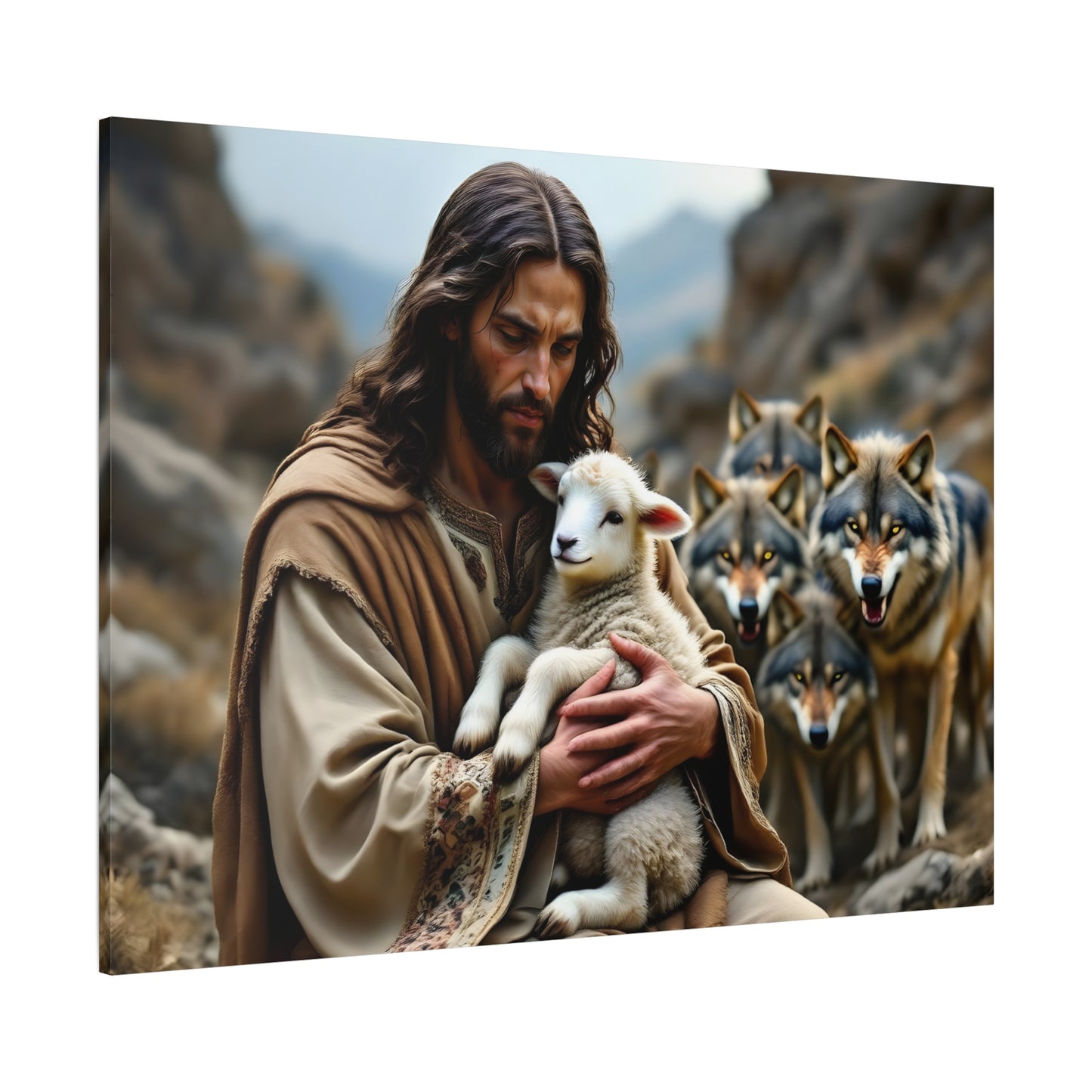Faith Inspirational Matte Canvas Art - Jesus with Lamb and Wolves - Home Decor for Faith and Spirituality