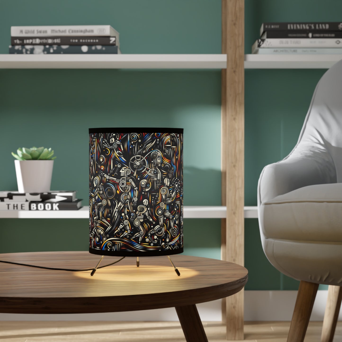 Robotz Artistic Tripod Lamp with Abstract High-Res Shade, Bohemian Home Decor, Unique Living Room Lighting, Modern Art Gift